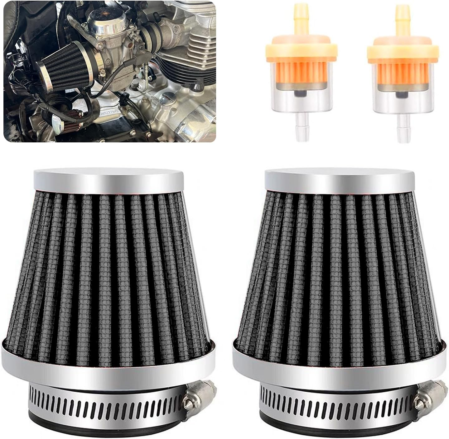 Smseace 2Pcs 54Mm Motorcycle Air Filter with 2Pcs 3/16" Fuel Filter Replace for 70Cc 100Cc 110Cc 125Cc 150Cc 200Cc Moped Scooter ATV Dirt Bike Motorcycle image number 2