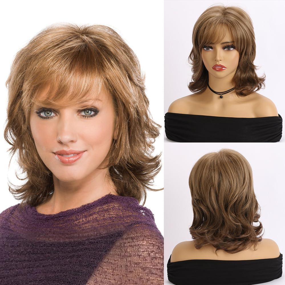 AUBWIG Brown Mixed Light Blonde Medium Length Hair Wig Synthetic Fluffy Natural Curly Wig with Fringe for Women Daily Wear (Brown Mixed Light Blonde #02B) image number 6