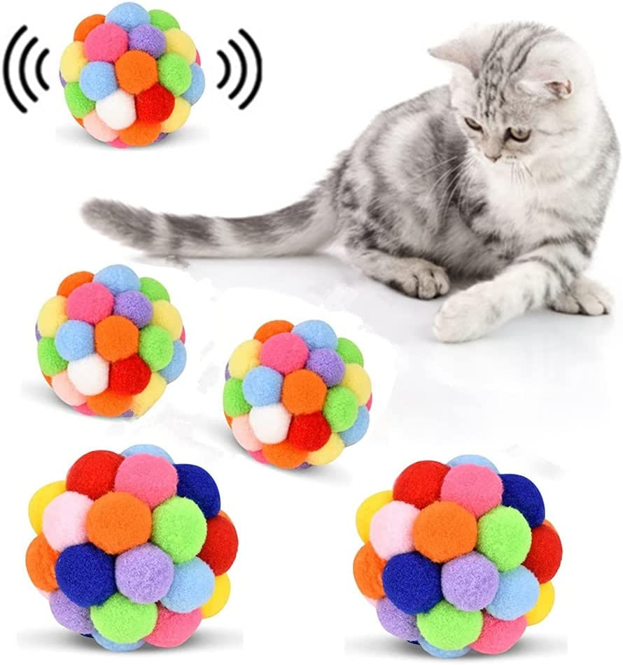 4 Pack Cat Toy Balls with Bell,Cat Toys Pom Pom Balls Soft, Colorful Soft Fuzzy Balls Built-In Bell for Cats, Interactive Playing Chewing Toys for Indoor Cats and Kittens(2 Sizes)