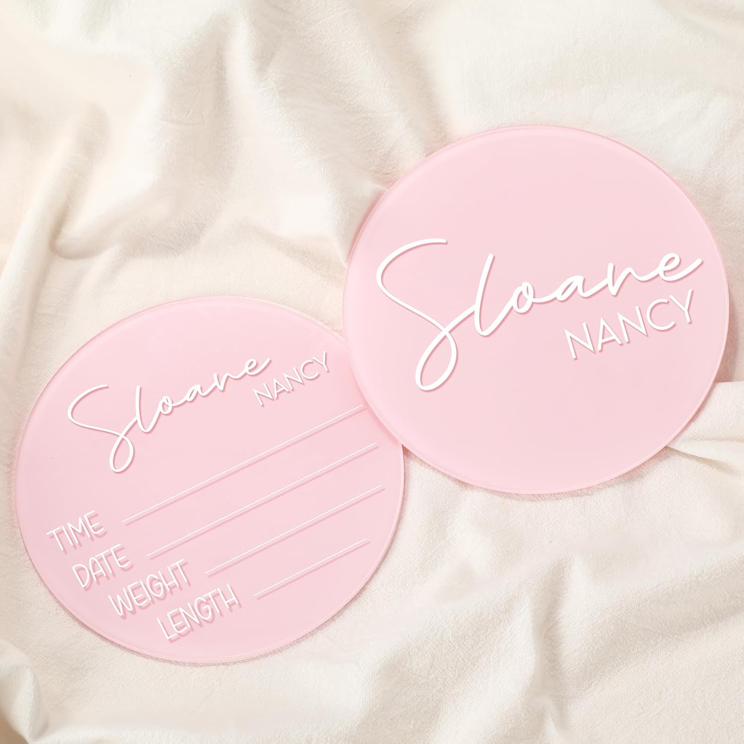 Geelin 2 Pcs 6 Inch Pink Newborn Announcement Sign for Hospital Acrylic Birth Announcement Sign Baby Name Milestone Plaques DIY with 14 Sheets Alphabet Transfer Stickers for Photo Props Baby Shower