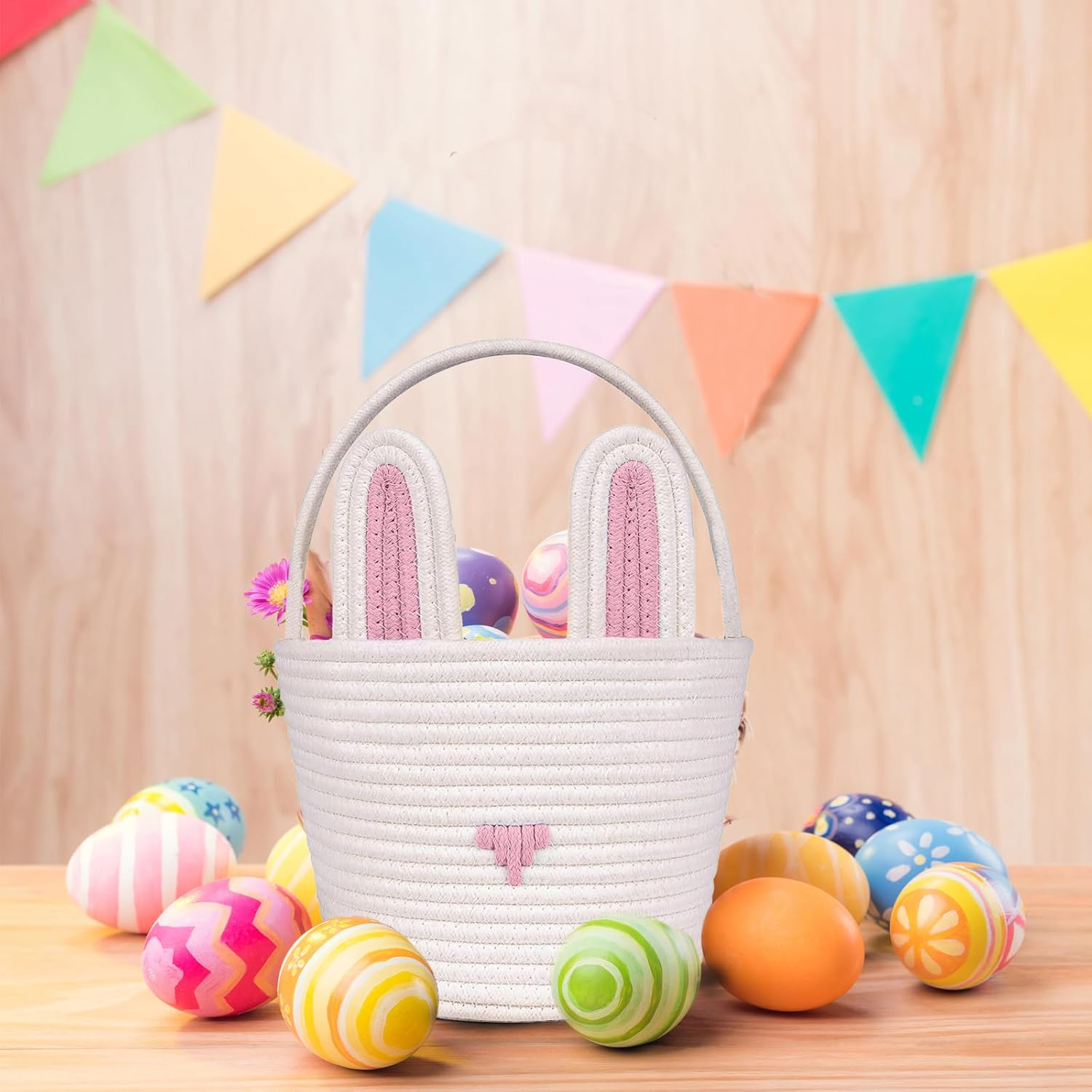 Poschnor Easter Basket for Gifts, Empty Cotton Bunny Basket Bin with Handles, Baby Toy Storage Organizer, Pink/White image number 2