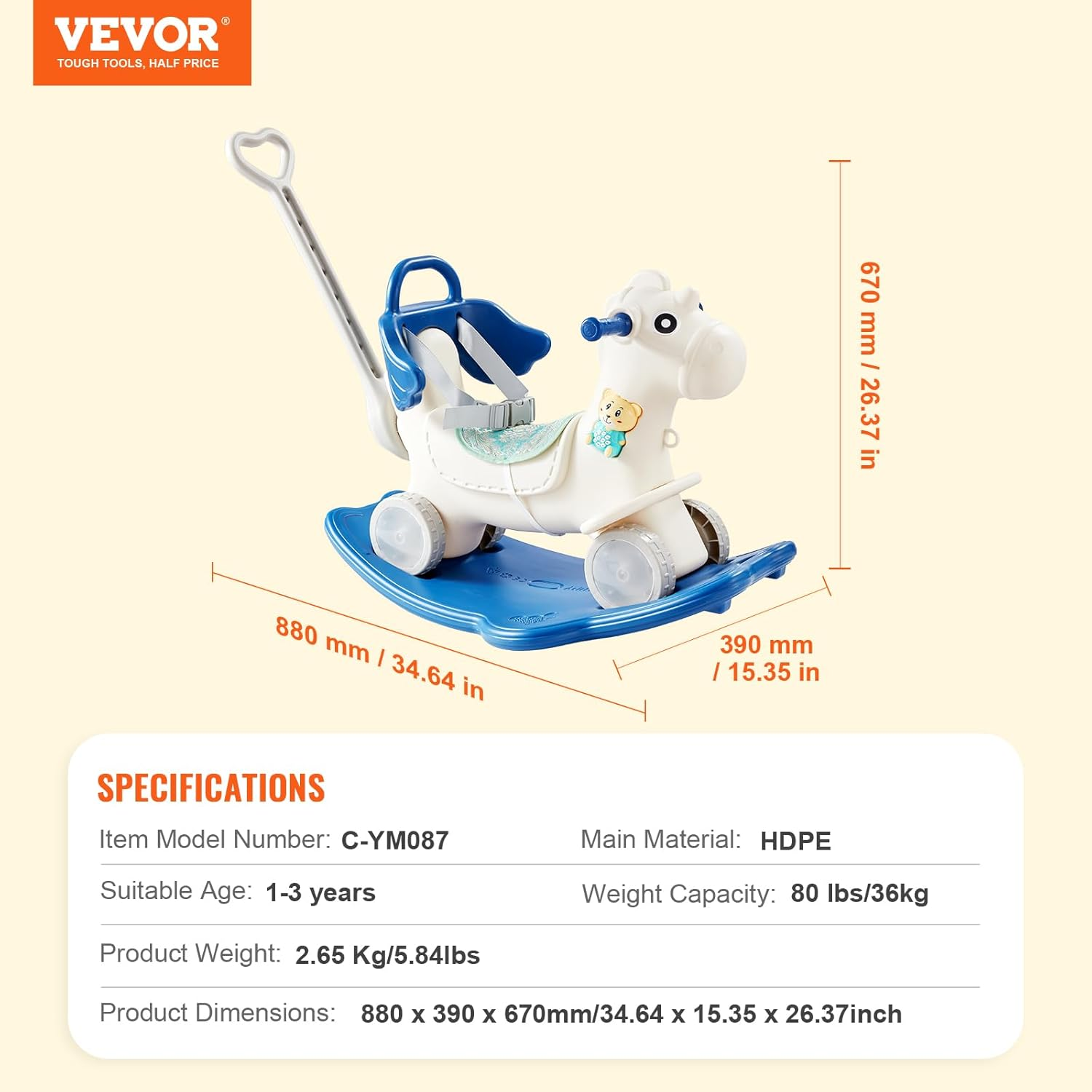 VEVOR 4 in 1 Rocking Horse for Toddlers 1-3 Years, Baby Rocking Horse with Detachable Balance Board, Push Handle and 4 Smooth Wheels, Support up to 80 Lbs HDPE Kids Ride on Toy with Sound, Blue image number 3