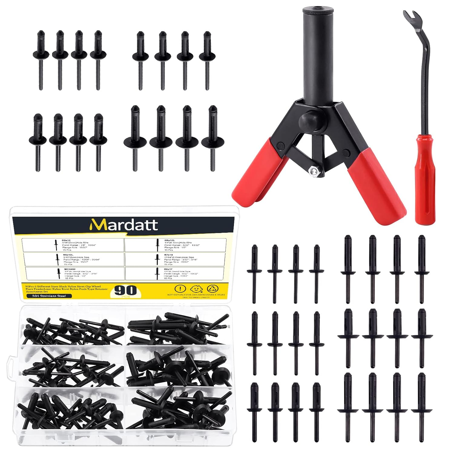 Mardatt 92 Pcs 6 Sizes Nylon Blind Rivets Assortment Set with Plastic Rivet Gun Set and Bonus Fastener Removal Tool for Automotive and More image number 3