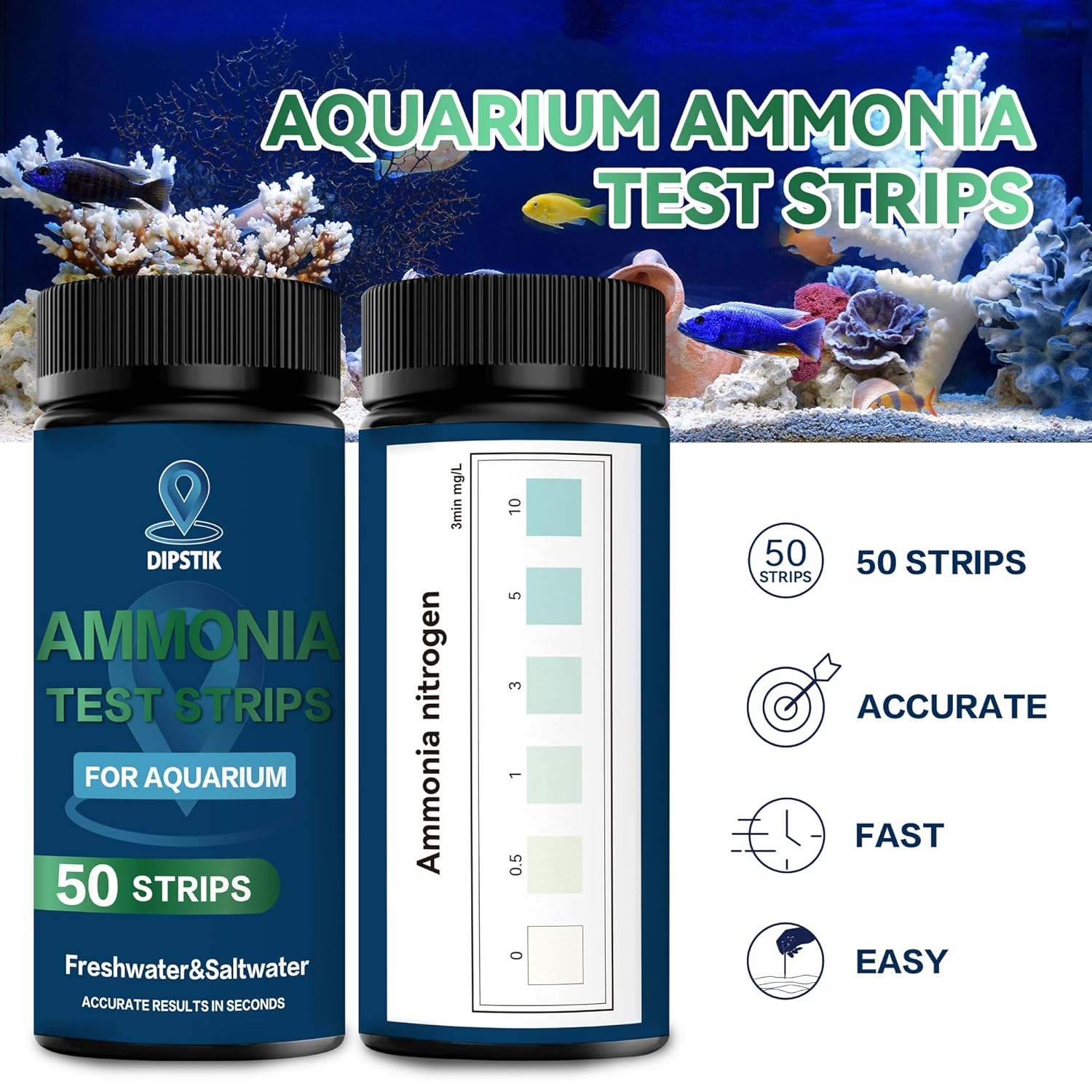 DIPSTIK Ammonia Test Strips for Fish Tank,Feshwater & Saltwater Aquarium Water Test Kit (50) image number 2