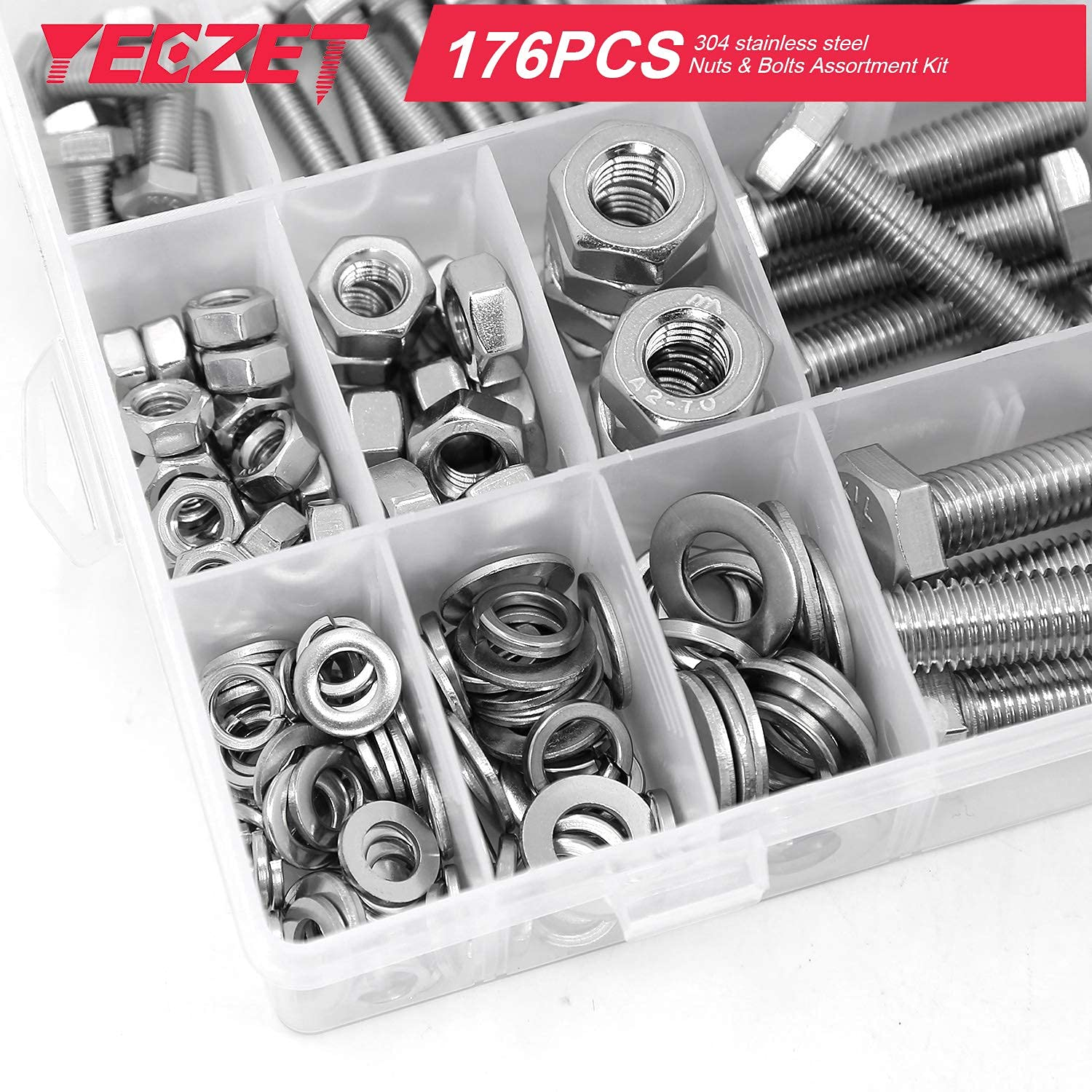 YEEZET 176PCS M6 M8 M10 Heavy Duty Bolts and Nuts Assortment Kit, 304 Stainless Steel, Includes 8 Most Common Sizes image number 6