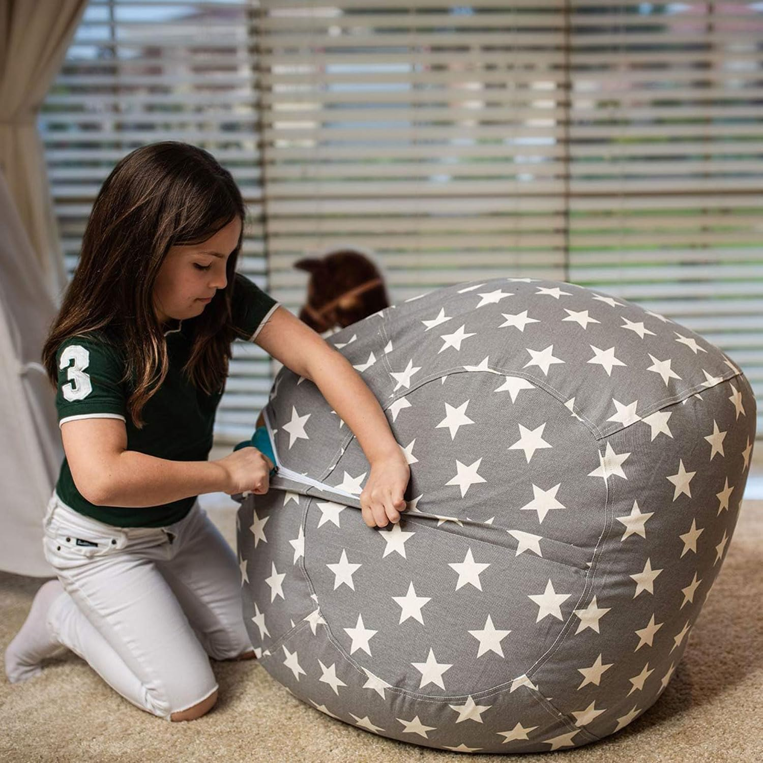 Stuffed Animal Storage Bean Bag Chair, Zipper Beanbag Cover, Stuff and Sit Bean Bag Cover, Washable Pouf Organizer for Plush Toys, Linens, Quilts, Pillows (Grey Star, 32 in Large) image number 1