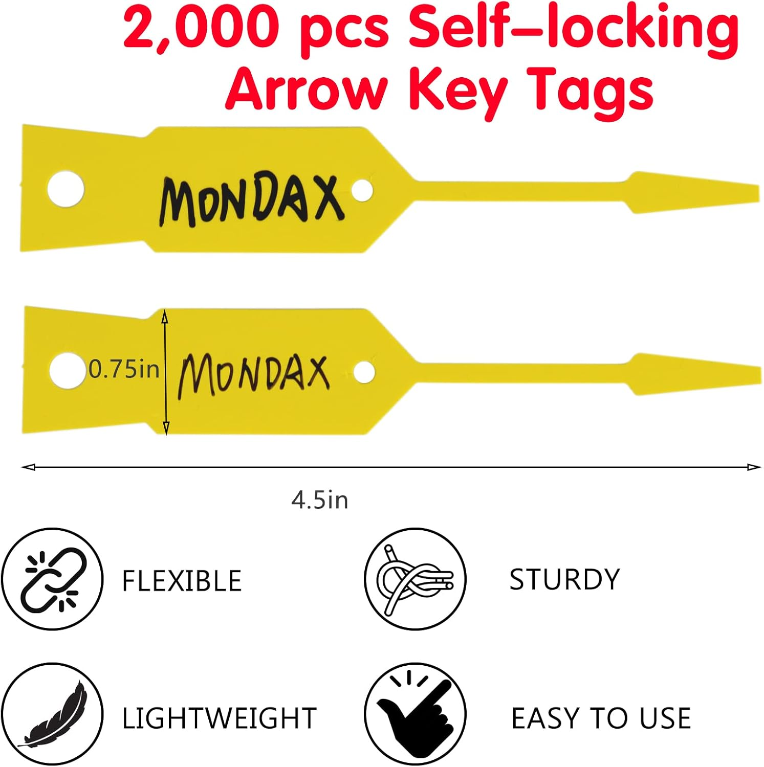 Mondax 2000 Piece Yellow Key Tag Self-Locking Arrow Key Tag Self-Locking ID Key Tag with 5 Black Pens for Key Ring Tag for Office Auto Shop Supplies, 4 1/2" X 3/4" image number 1