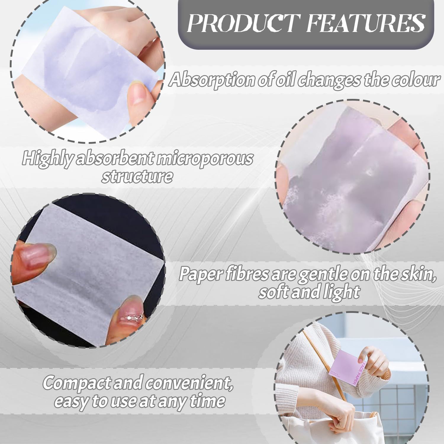 BOROLA 3-In-1 Oil Blotting Paper Set for Face 100 Sheets Oil Absorbing Sheets with Portable Mirror & Adhesive Makeup Puff, Blotting Papers for Oily Skin, Design for Men & Women(White) image number 3