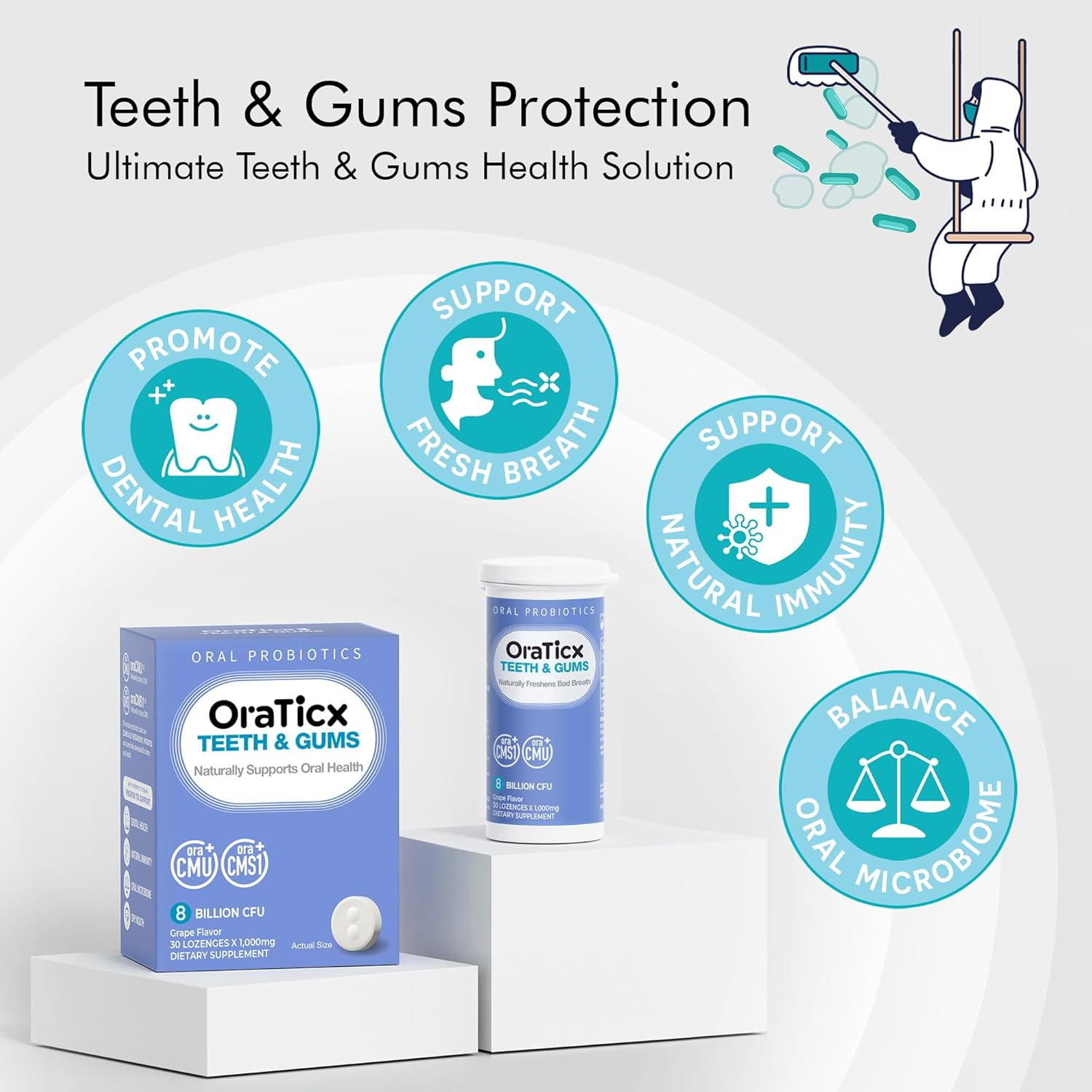 Oraticx Teeth & Gums Dental Probiotic, 8 Billion CFU Unique Oral Care Probiotic, Naturally Supports Oral Health and Immunity for Adult, Grape Flavor 30 Lozenges 1-PK image number 3