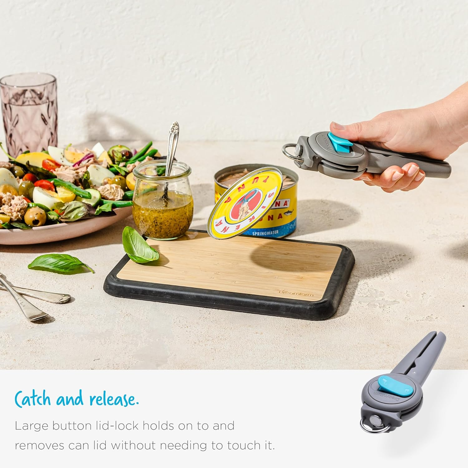 Dreamfarm Dopener 3-In-1 Ergonomic Can Opener Smoothes Can Edges for Safe Removal with Jar Lid Seal-Breaker & Can Ring Puller - Grey