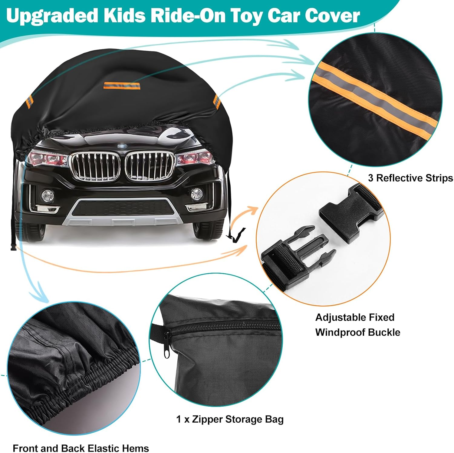 Children'S Car Cover,Large 420D Universal Ride-On Covers for Children, Electric Vehicles, Large Car Toy Cover Waterproof Outdoor with 3 Reflective Strips and Bag,Anti-Rain Dust Protection image number 3