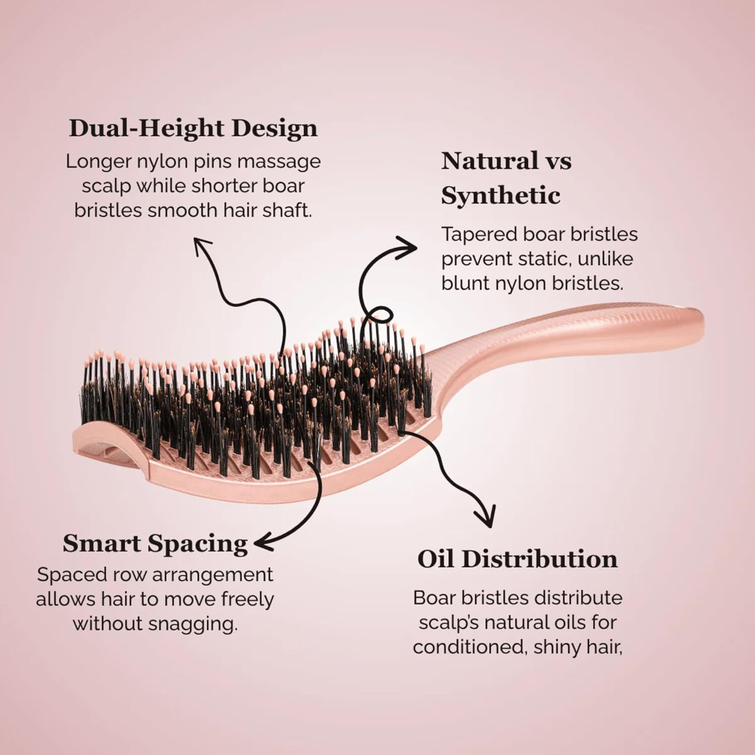 HAPPY HAIR Mother Brush - Detangling Hair Brush with Boar Bristles & Pins | Designed by Women to Detangle & Smooth Thick, Fine or Curly Hair | Pain-Free Slick Back Brush | Massage Scalp (Rose Gold) - Rose Gold image number 6