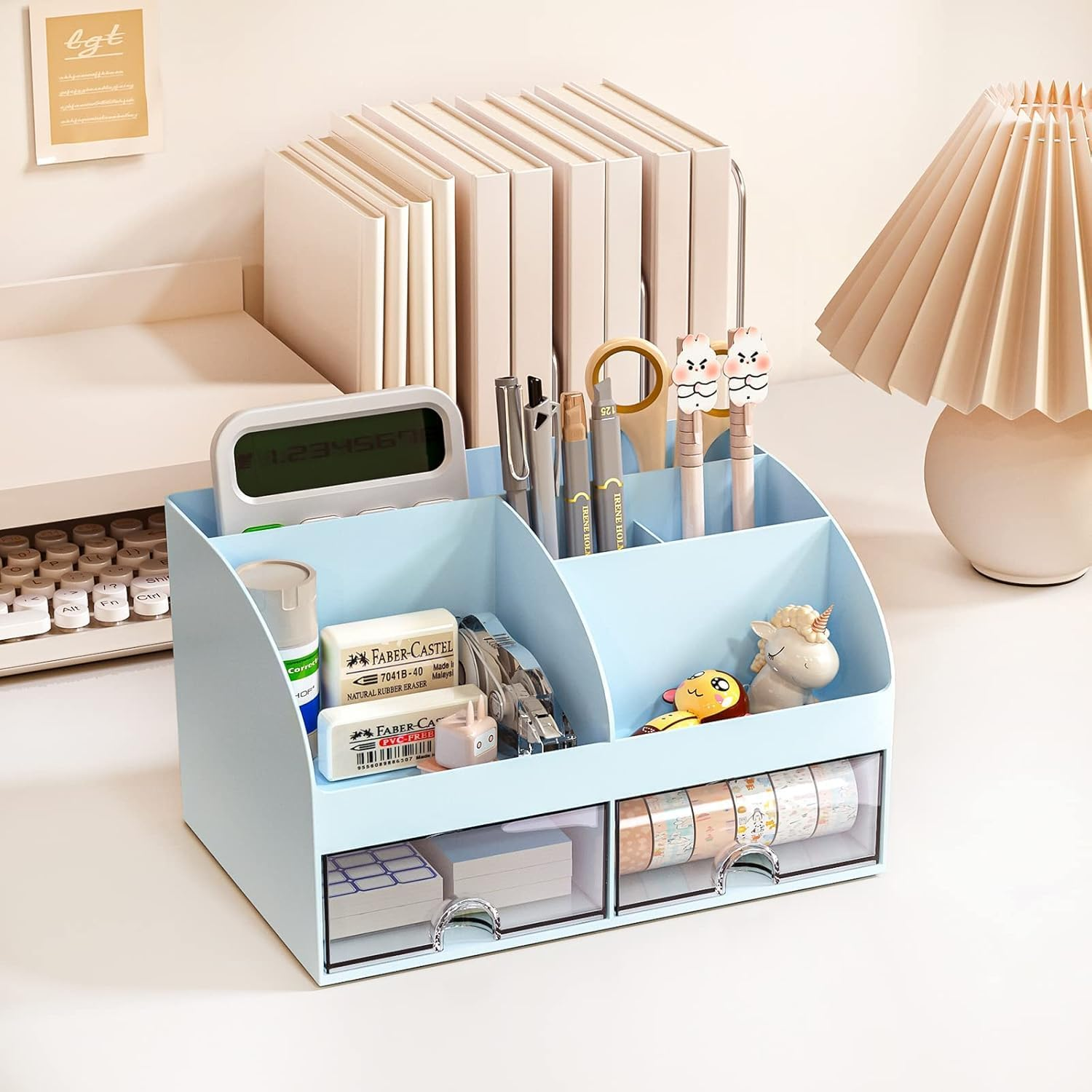 Tinyso Multifunctional Desk Organizer with 2 Drawers & 7 Grids,Large Capacity Plastic Stationery Organizer,Tidy Desktop Storage Box,Ideal Desk Accessories for Home,Office Decor(Blue)