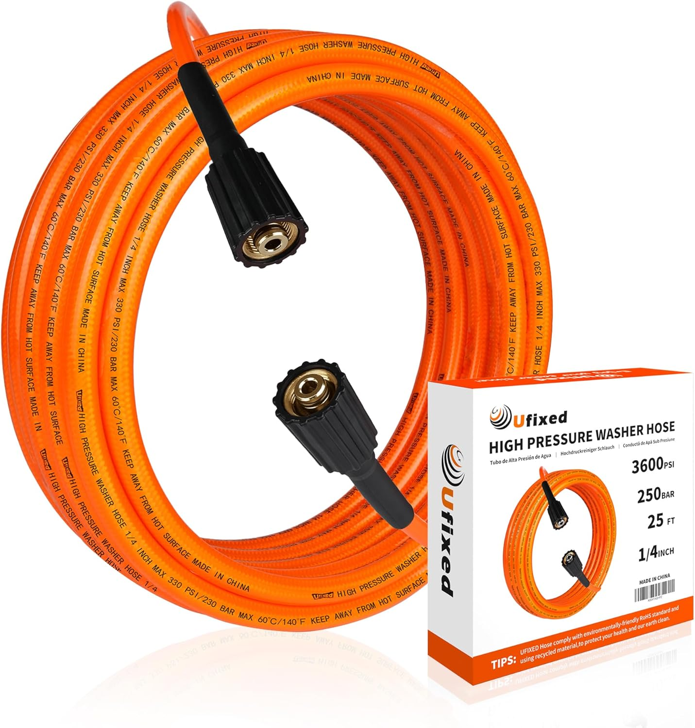 1/4" Pressure Washer Hose 25FT M22-14,3600Psi,Quick Connect,360&deg; Swivel,Kink-Resistant,Suit for Main Pressure Washer,Orange-Red image number 2