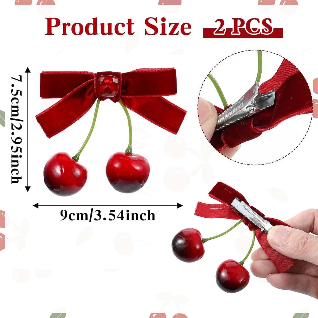 Bow Hair Clips, 1 Pair Cherry Hairpin Hair Clip Hair Bows Girls Non-Slip Alligator Hair Clips Hair Accessories for Christmas Wedding Birthday image number 3