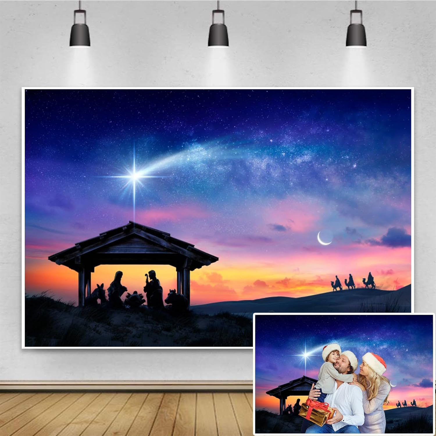 Renaiss 7X5Ft Birth of Jesus Backdrop Evening Manger Scene Photography Background Christmas Blue Starry Sky Holy Night Orange Sunset Banner Camel Desert Portrait Photobooth Banner Party Decorations image number 1