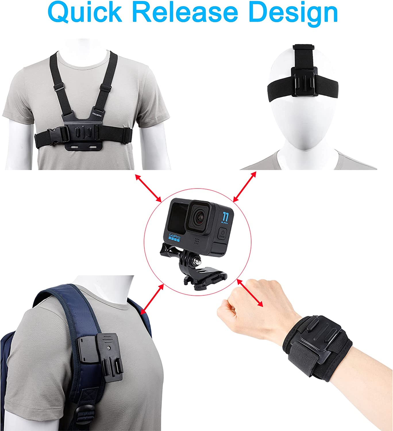 Accessories Set for Gopro Hero 11/10/9/8/7/6/5/4,New Quick Release Head Strap Mount + Chest Mount Harness + Backpack Clip Holder + 360&deg;Rotating Wrist Strap image number 6