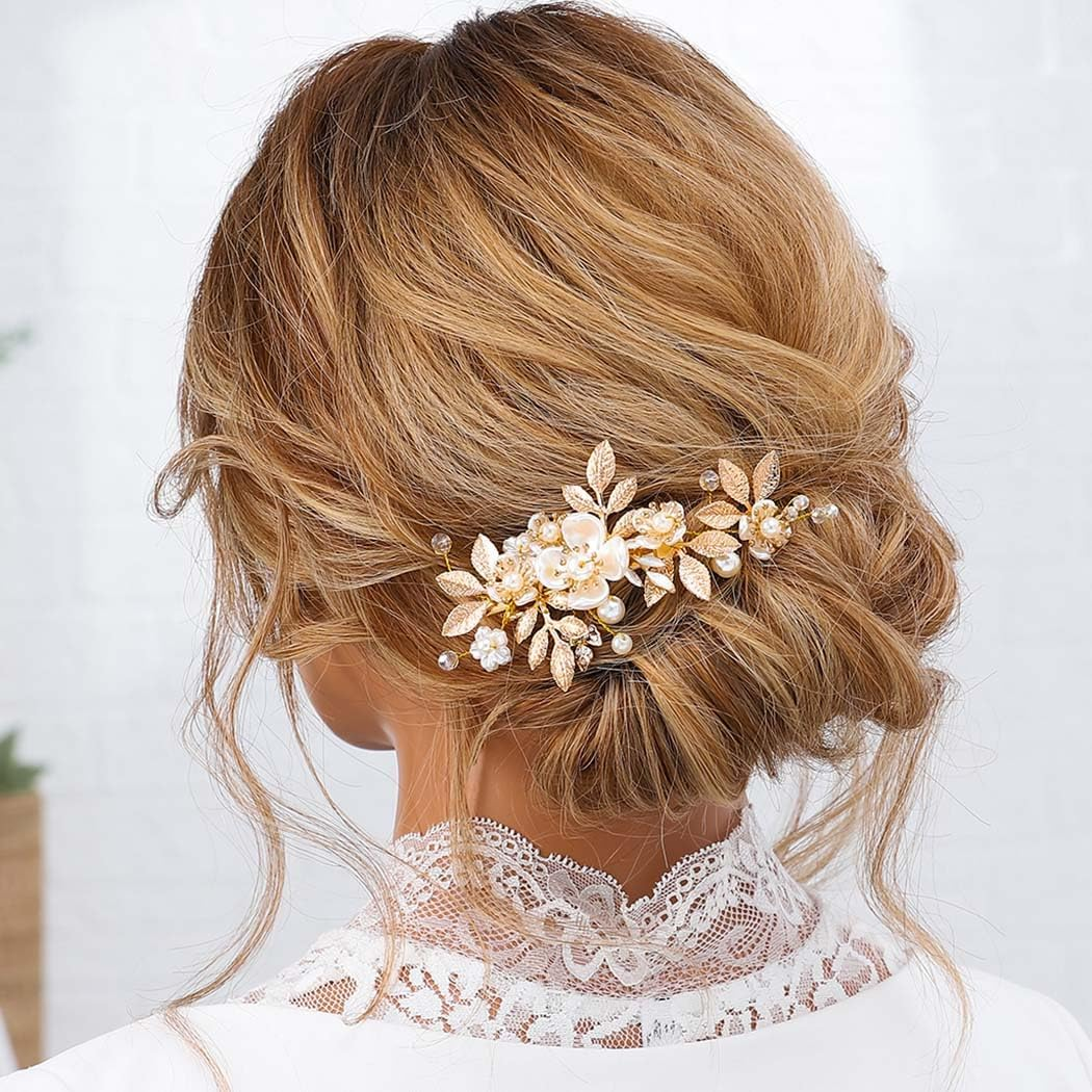 JAKAWIN Gold Hair Clip Bridal Hair Accessories Flower Hair Piece for Women FJ03 (Gold) image number 4