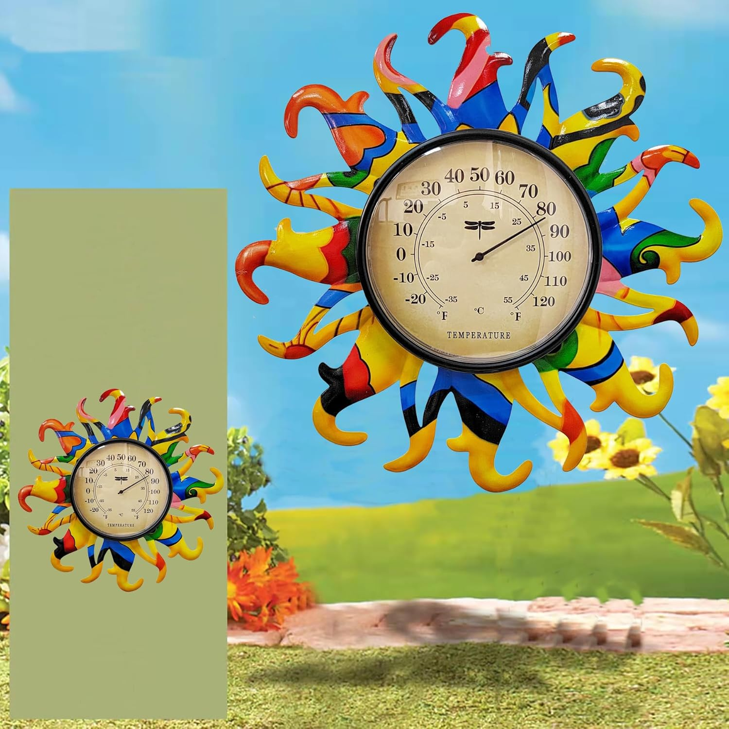 Metal Sun Thermometer Indoor Outdoor Ornament Wall Art Decor, Sun Plaque Sculpture Hanging Mounted for Living Room Bedroom Kitchen Patio for Home or Garden, No Battery Required (ORANGE SUN STAKE)