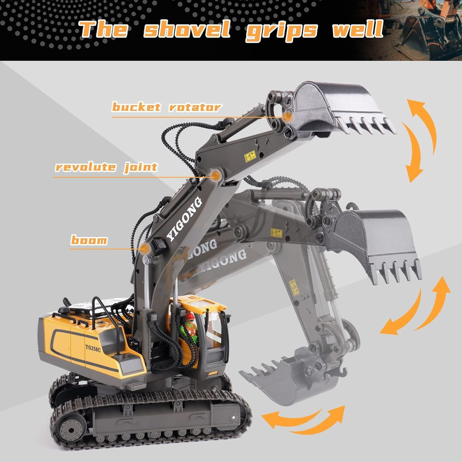 Remote Control Excavator Toy for 6-12 Yr Boys, Best Birthday Gifts for Kids 4-7 8 9 10 11 Year Old, RC Construction Toys with Metal Shovel, Lights, Sounds 2.4Ghz image number 6