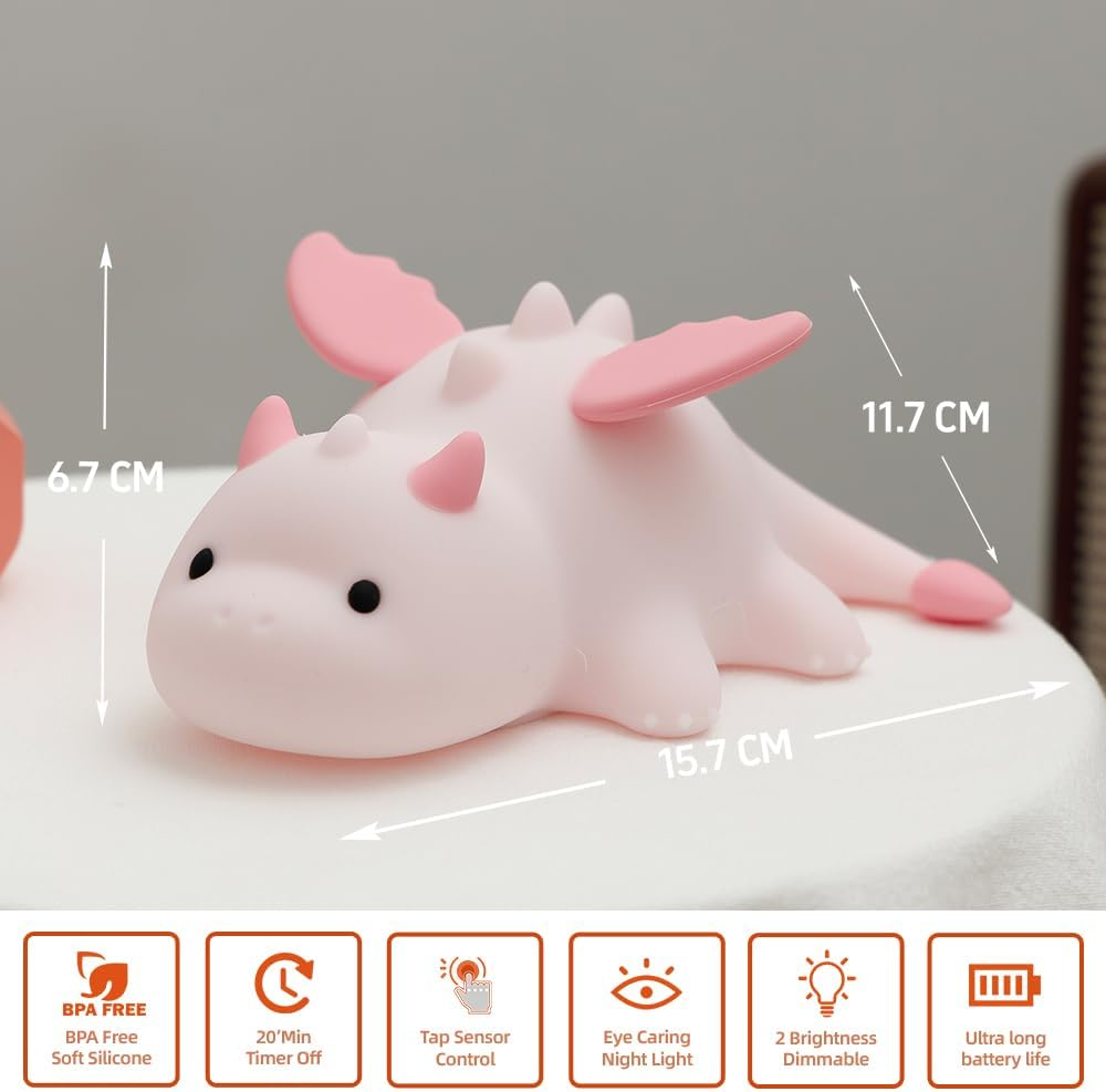 Cute Dinosaur Night Light, Squishy Silicone Dinosaur Lamp Rechargeable Light, Nursery Animal Touch Bedside Lamp, 3 Level Dimmable with 7 Color,Table Night Lamp for Room Decor Funny Presen for Boy Girl image number 4