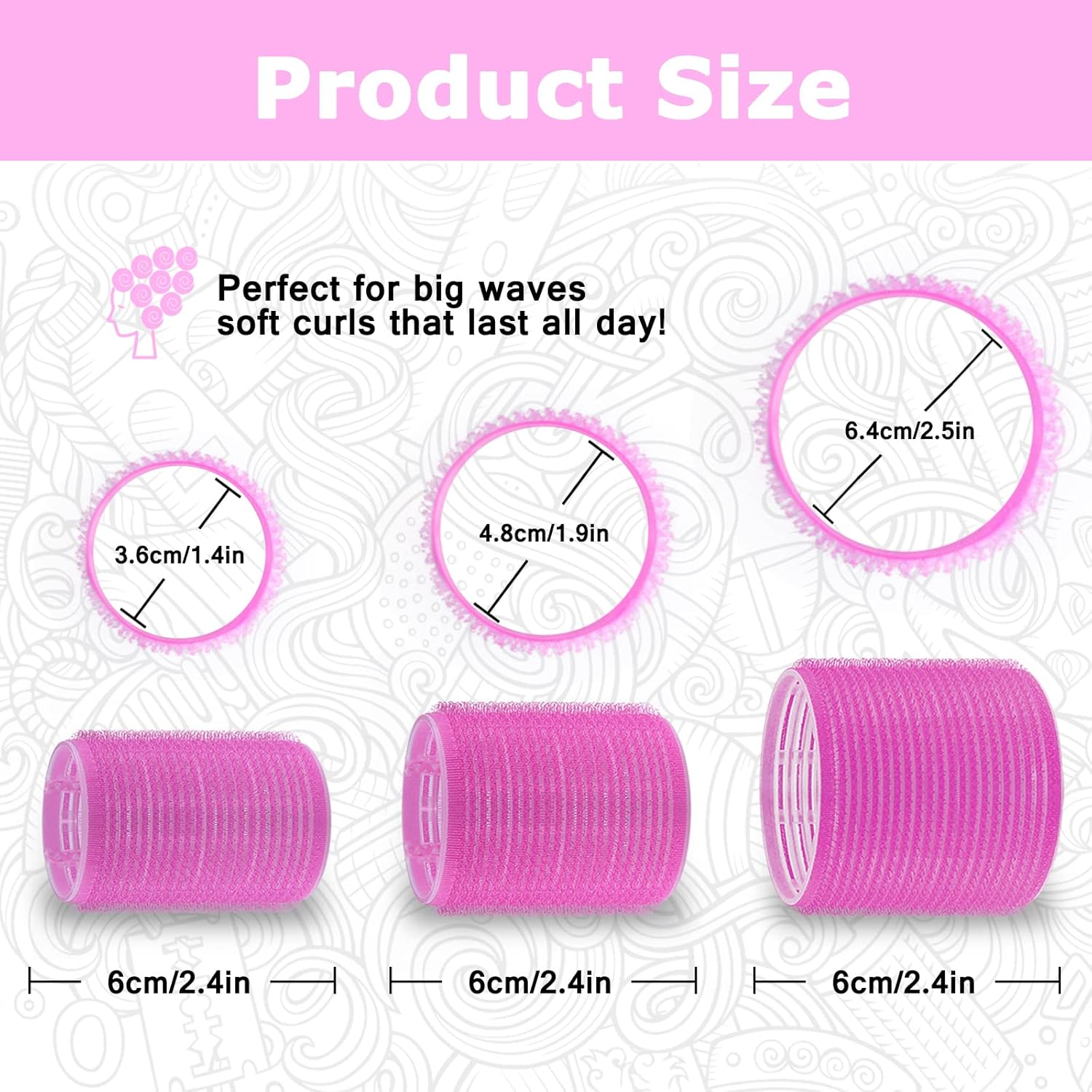 Sungenol Self Grip Hair Roller Set, 18 Pcs, 3 Sizes (Jumbo, Large, Medium) Rose Pink Hair Rollers with Clips and Comb - Red,Rose image number 5