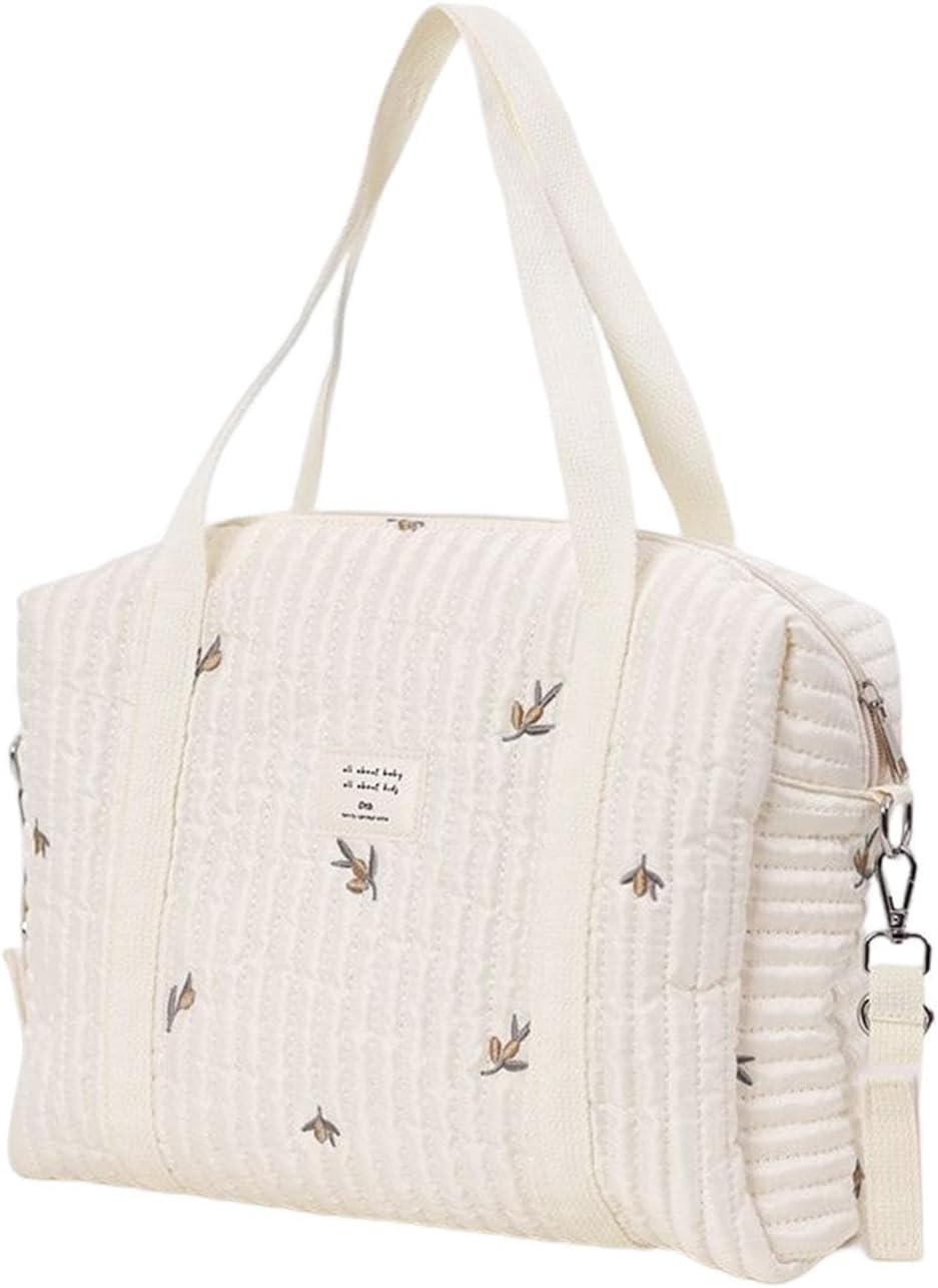 Baby Nappy Changing Tote Bag, Embroidery Baby Nappy Changing Tote Bag,Stylish Large Capacity Cotton Baby Changing Bag, Fashion Portable Quilted Cotton Bag for Weekend Vacation