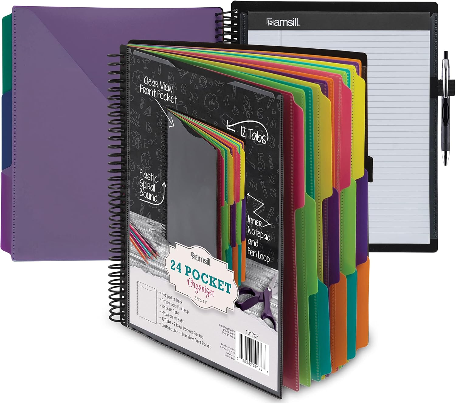 Samsill Deluxe 24 Pocket Spiral Project Organizer with Inner Zipper Pouch, Customizable Front Cover, 12 Dividers with Erasable Write-On Tabs in Fashion Colors, Plastic Folders with Pockets