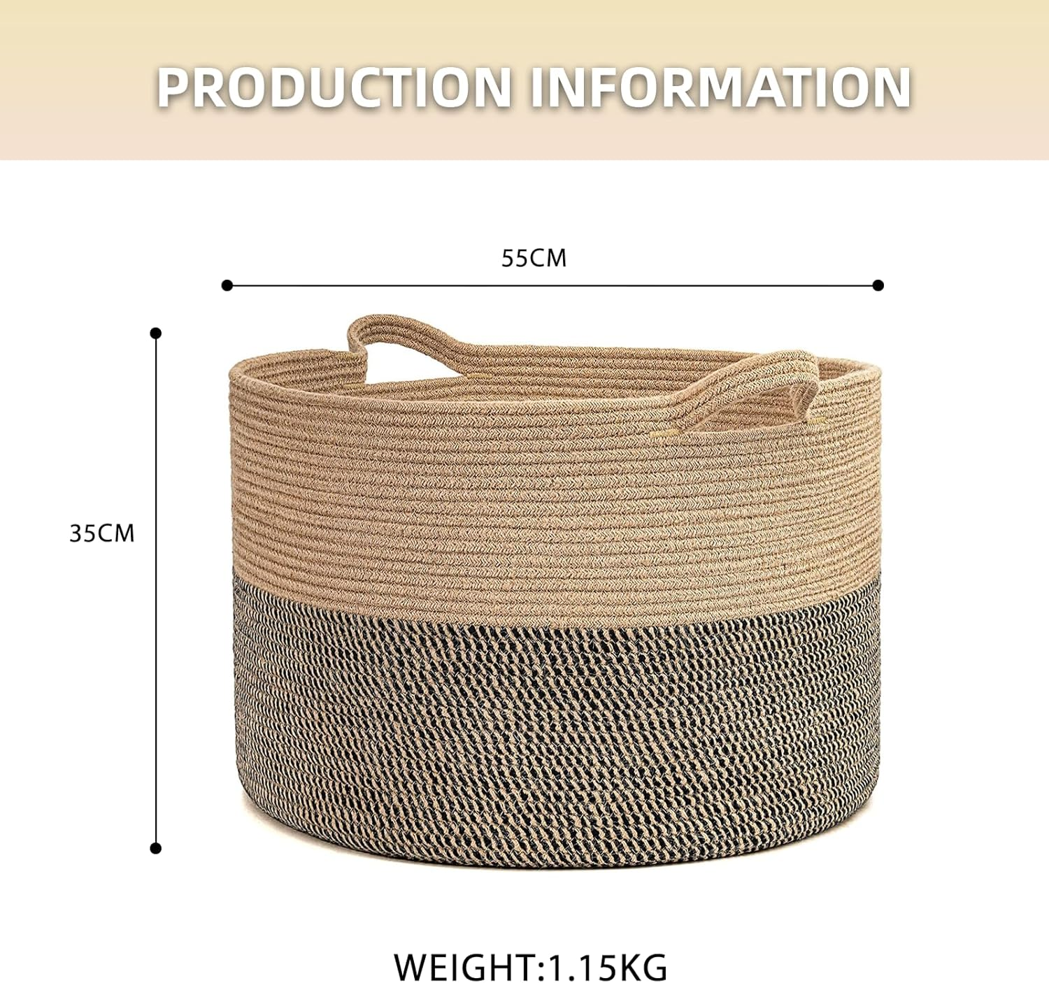 Large round Blanket Basket with Handles 55X35Cm round Jute Black Blanket Basket with Handles for Toys,Pillows, Laundry for Nursery,Living Room,Laundry Room Extra Cotton Rope Storage Basket Cotton Rope Storage Basket