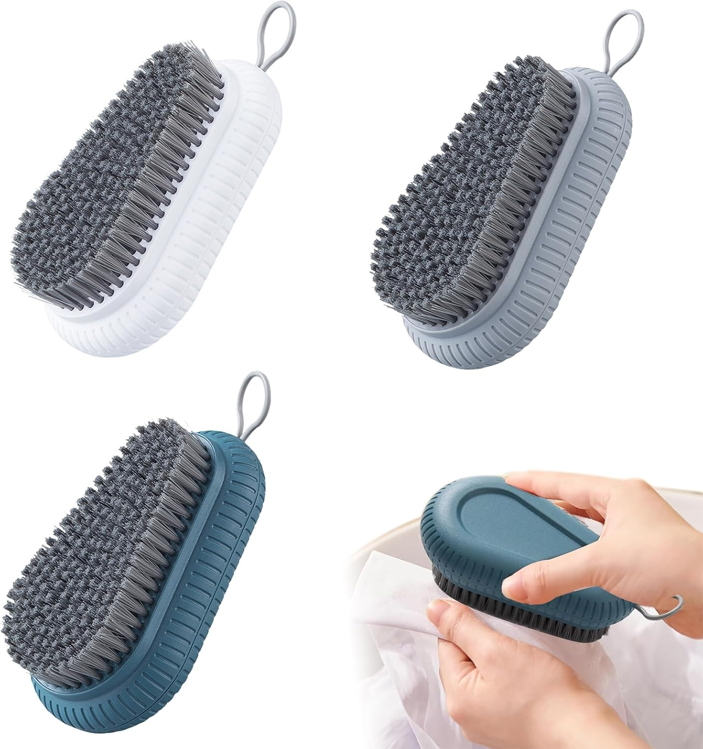 Cleaning Brush with Hanging Rope, Pack of 3 Hand Brush, Nail Brush, Nail Brushes for Bathroom, Toilet, Sink, Workshop (Deep Blue, White, Grey) image number 1