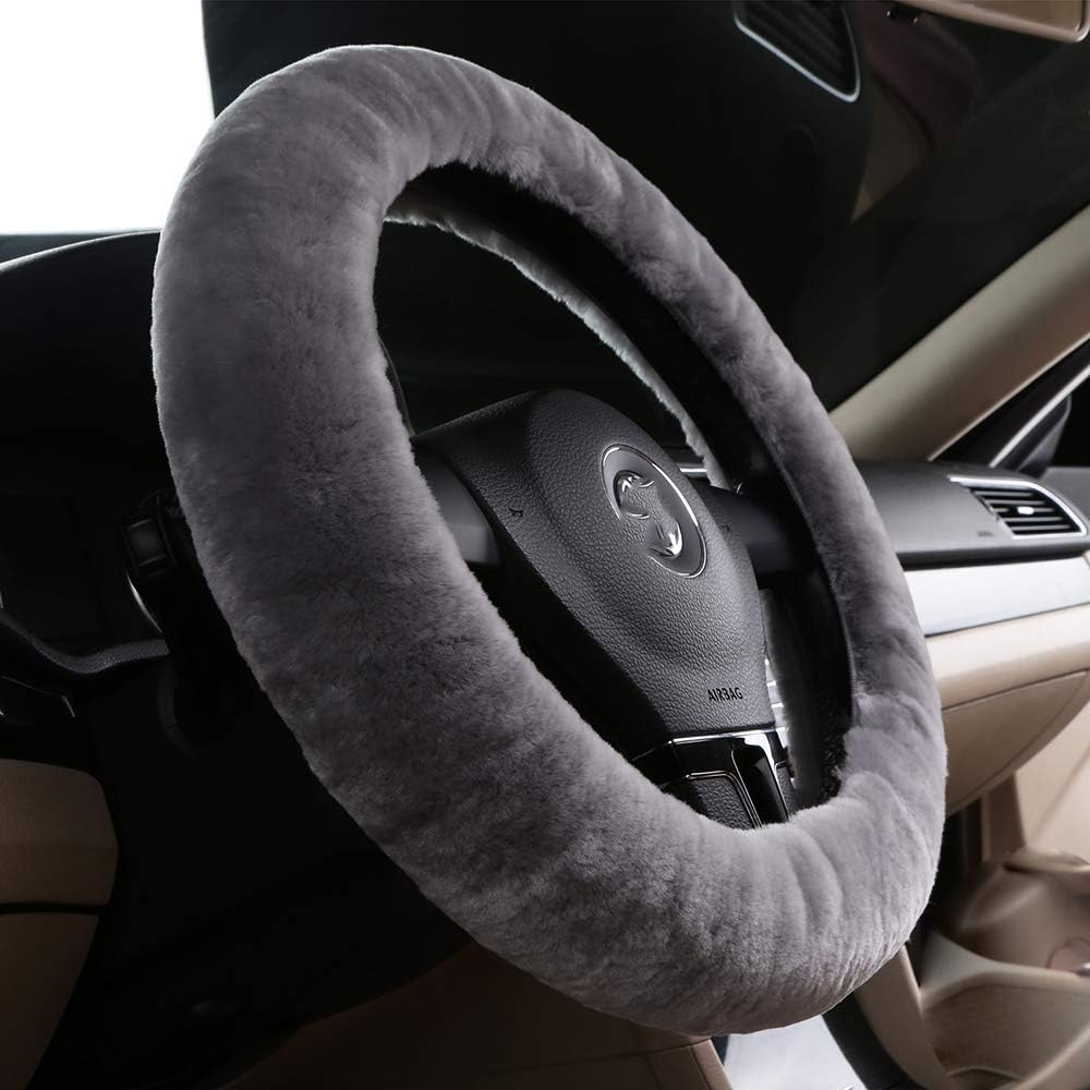 Bellesie Universal Warm Winter Genuine Wool Sheepskin Car Steering Wheel Cover Cushion Protector for 35Cm-43Cm Steering Wheel in Diameter (Light Grey)