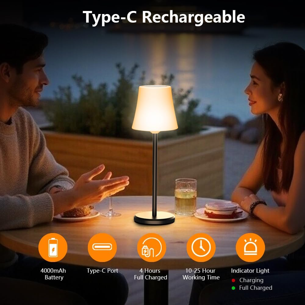 Ainostone LED Table Lamp Wireless Pack of 2 Battery Table Lamp Touch with 3 Colour Temperatures + RGB Continuously Dimmable USB-C Rechargeable IP54 Waterproof for Bedroom Dining Room Outdoor Camping image number 3