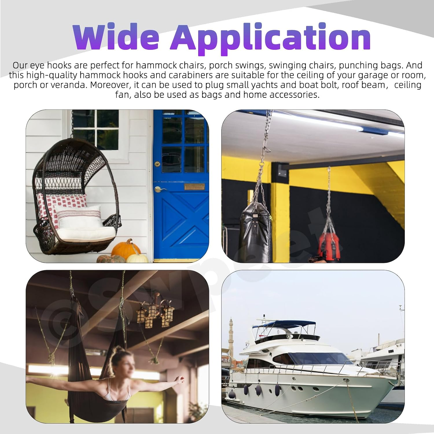 Swpeet 24 Pcs M8 Premium Heavy Duty Oval Stainless Steel Screw Hooks Kit with Pad Eye Hooks, Snap Hooks, Screws with Plastic Expansion Tube, Ceiling Hooks for Outdoor Indoor Activity image number 5