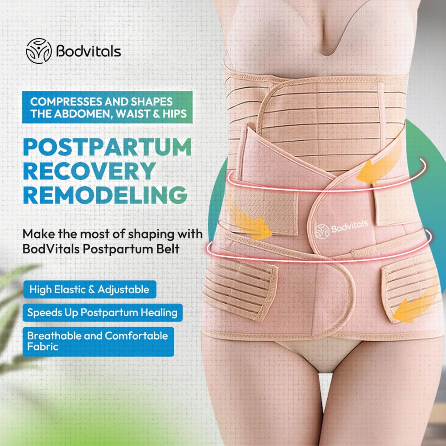 BODVITALS 3-In-1 Postpartum Belt | after Delivery Belly/Waist/Pelvis Shapewear | Tummy Control Slimming Girdle | Body Shaper Belt for Postnatal Recovery, C-Section, and Pelvic Support (Beige, L)
