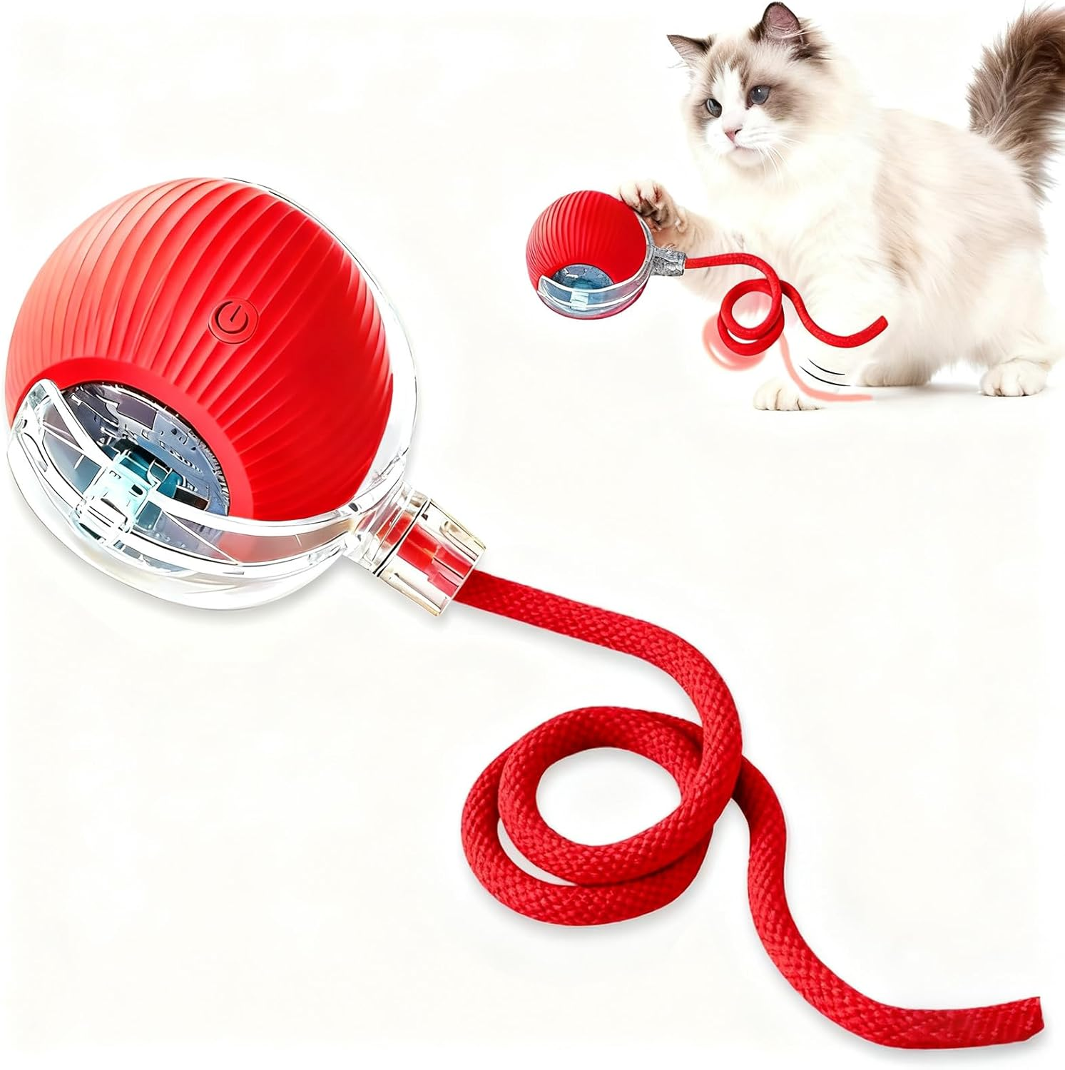 Jeyzuroa Interactive Cat Toy Ball for Indoor Cats, Automatic Moving Cat Toy with Bird Sound, USB-C Rechargeable (Red)