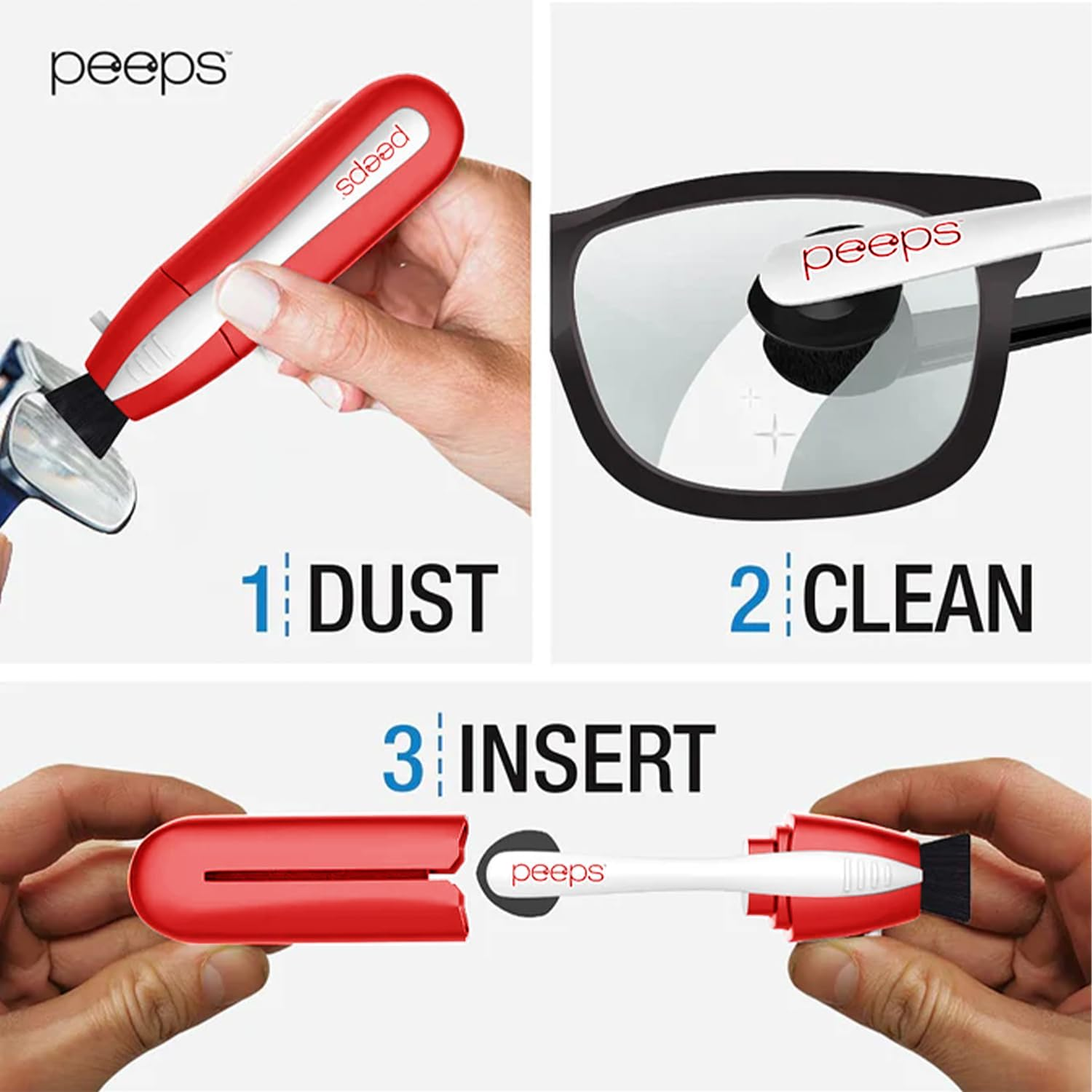 Peeps Compact Glasses Cleaner by Carbonklean | Removes Fingerprints, Smudges, Streaks, Oil & Film | Reusable, Non-Abrasive | Safe for Sunglasses, Reading Glasses, Safety Glasses (Red) image number 1