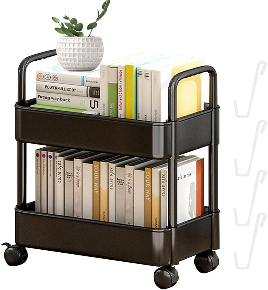 Storage Rolling Cart, 2Tier Snack Organiser Trolley, Rolling Shelf with Wheels & Hooks,Movable Storage Organizer for Home Kitchen Organization (Black image number 1