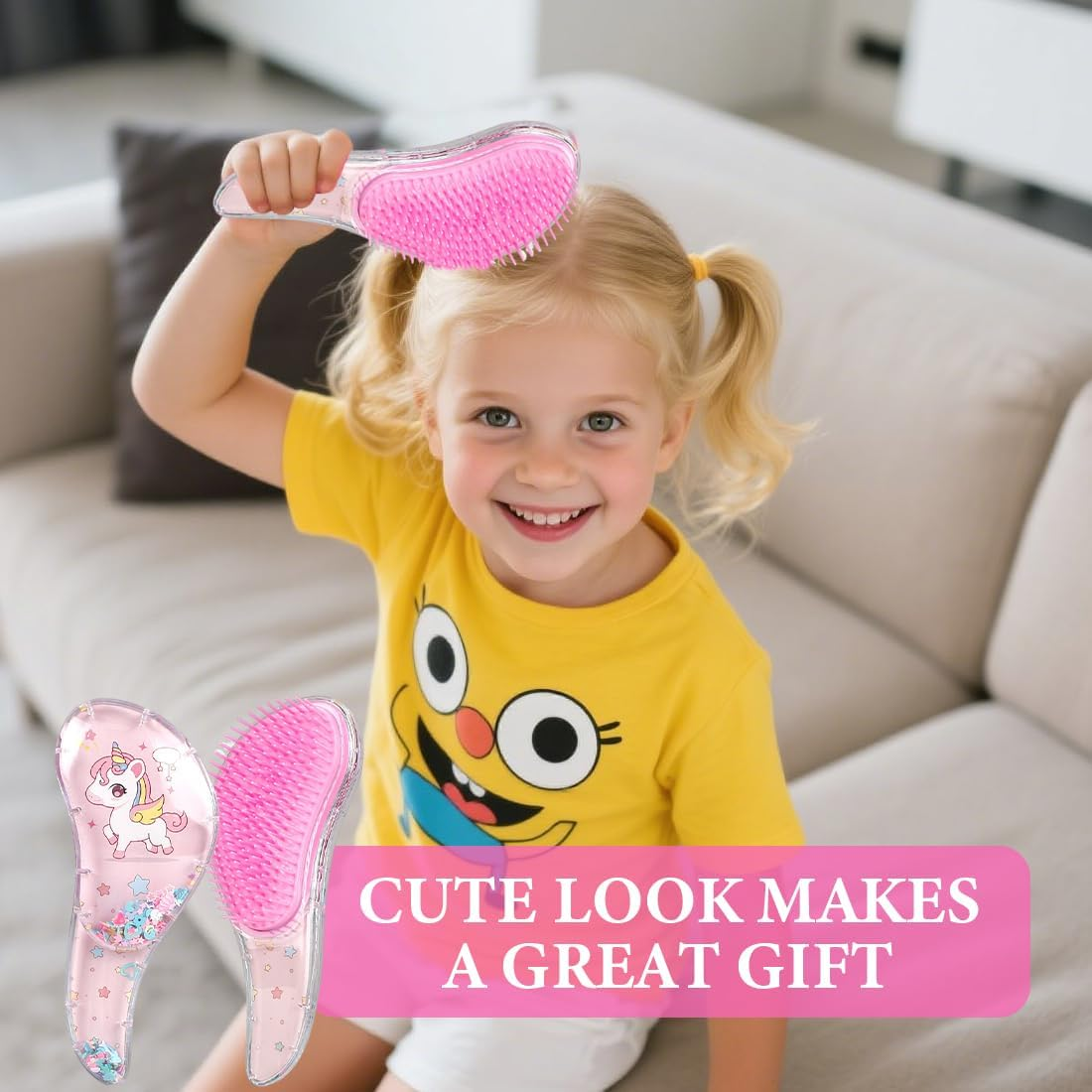 GXGM Hair Brush without Pulling, Curling Brush, the Perfect Detangler Brush for Curls, Straight, Thick, Thin Hair, Hair Brush for Children and Women, Pink Unicorn, 1 Piece