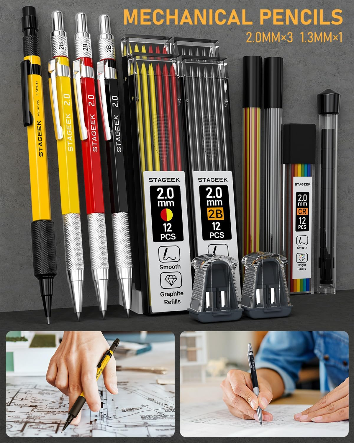STAGEEK 34 Pack Carpenter Pencil Set with Sharpener, Mechanical Carpenter Pencils with Deep Hole Long-Nib Marker Pens, Carbide Scribe Tool & Construction Pencils for Architect Woodworking with Case image number 4