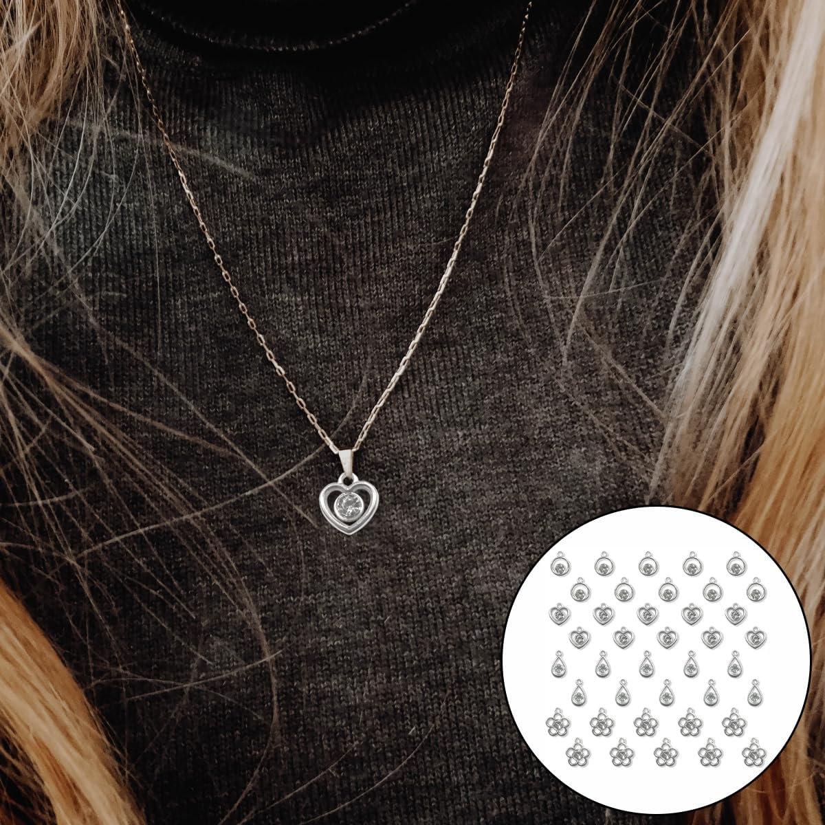 Rhinestone Pendant, 50 PCS Silver Star Heart Flower Teardrop round Charms for Jewelry Making, Bracelet, Necklace, Earring Accessories (About 14Mm) image number 4