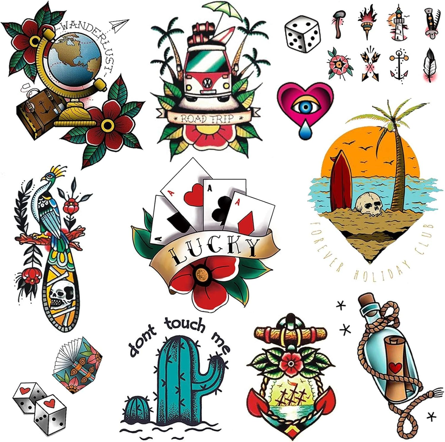 CARGEN Traditional Temporary Tattoos - Old School Vintage Classic Cool Stickers Sailor Jerry Style Flower Globe Beach Coconut Tree Skull Poker Drifting Bottle Dice Torch Temporary Tattoo Fake Tattoo image number 5