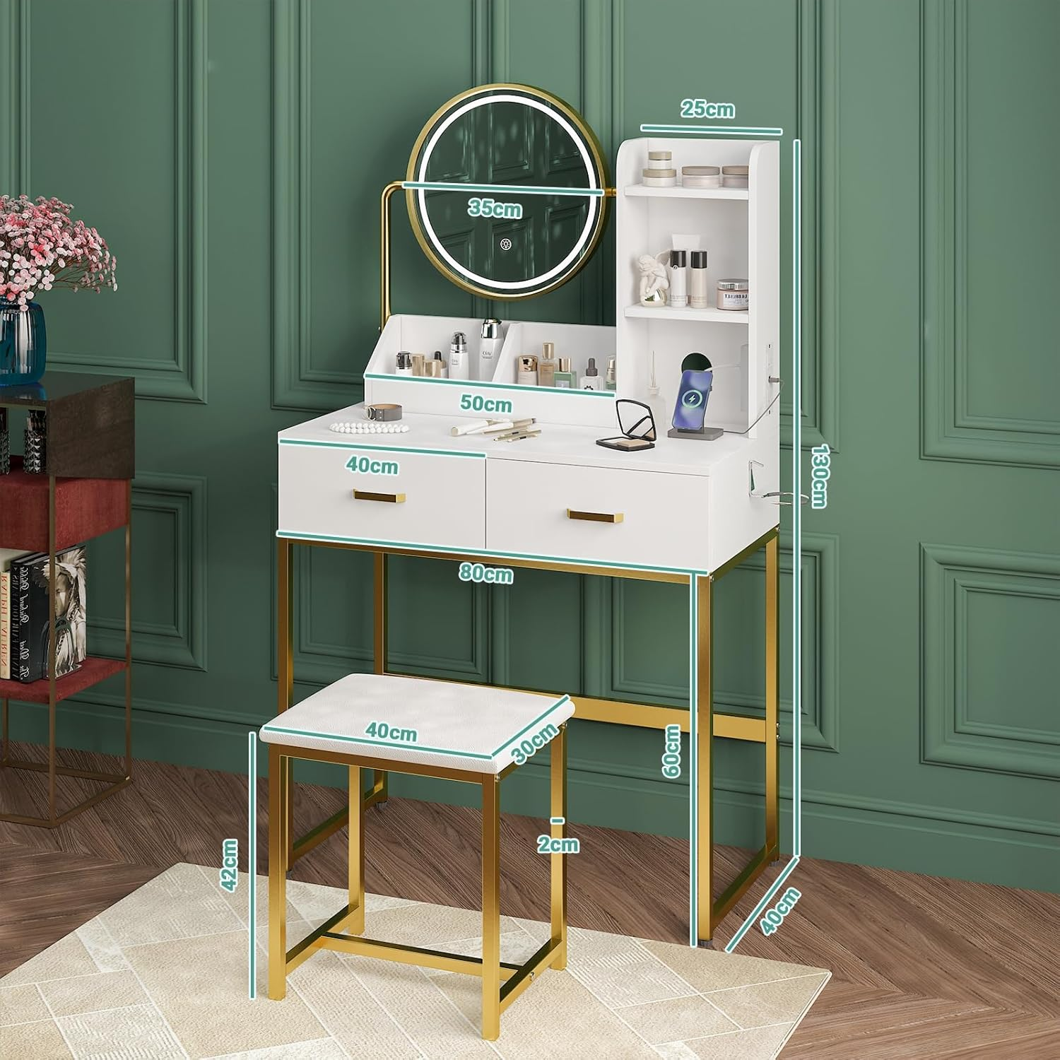 Ufurniture Makeup Vanity Desk Stool Set with LED Light and Charging Station, Dressing Table with 360&deg;Rotating Mirror, Drawers Trays and Shelves Storage for Bedroom, Metal Frame (White Golden) - White Golden image number 3