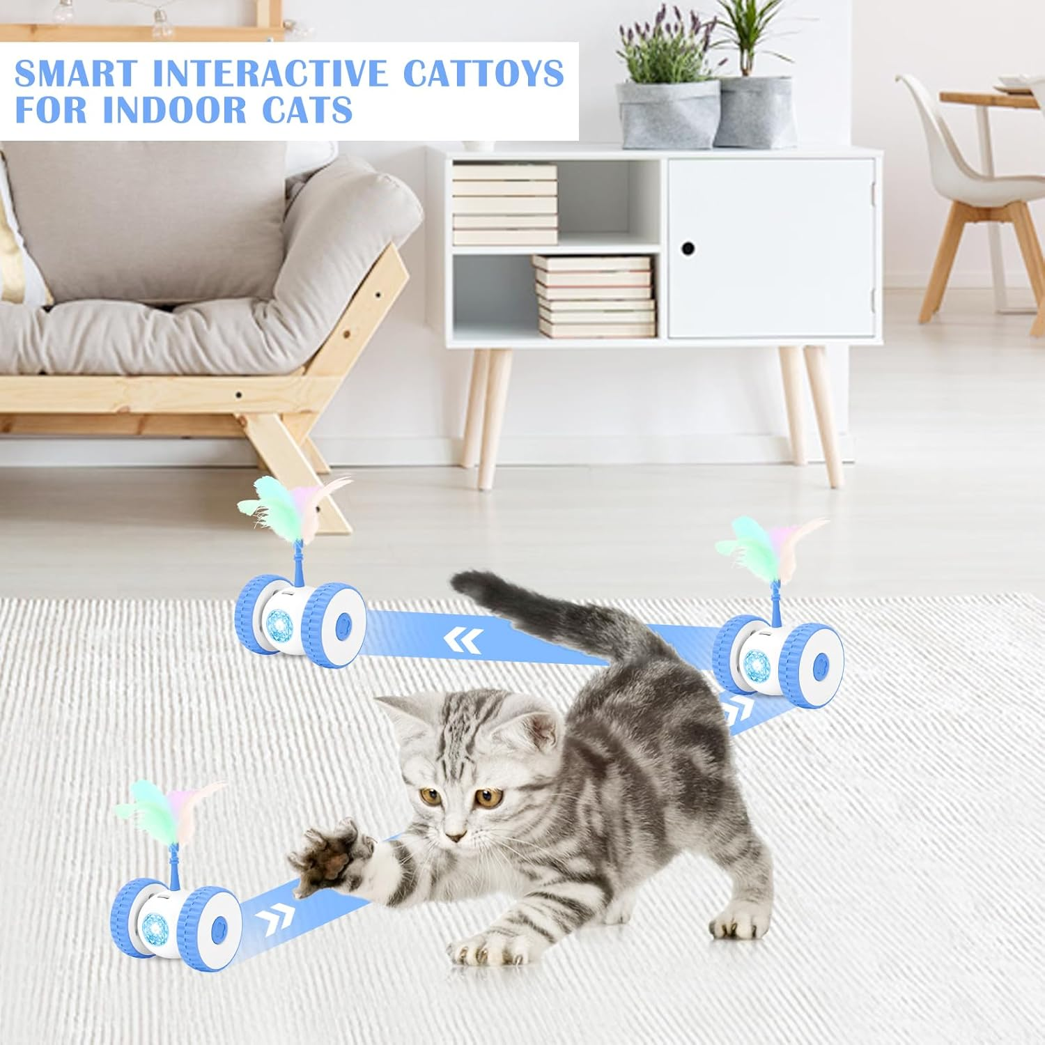 HENGBIRD Cat Toy Self-Employment, Cat Toy Electric with Feathers, Cat Toy Interactive, Interactive Cat Toy Robot Intelligence Toy for Cats, USB Rechargeable (Blue) image number 1
