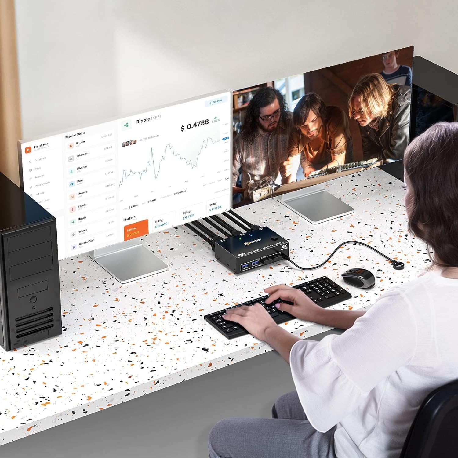 USB 3.0 Dual Monitor KVM Switch Hdmi+Displayport 4K@60Hz,2K@120Hz,Camgeet 2 Monitors 2 Computers KVM Switch for 2 Computer Share 2 Display and 4 USB3.0 Devices.Wired Remote and 4 Cables Included image number 1