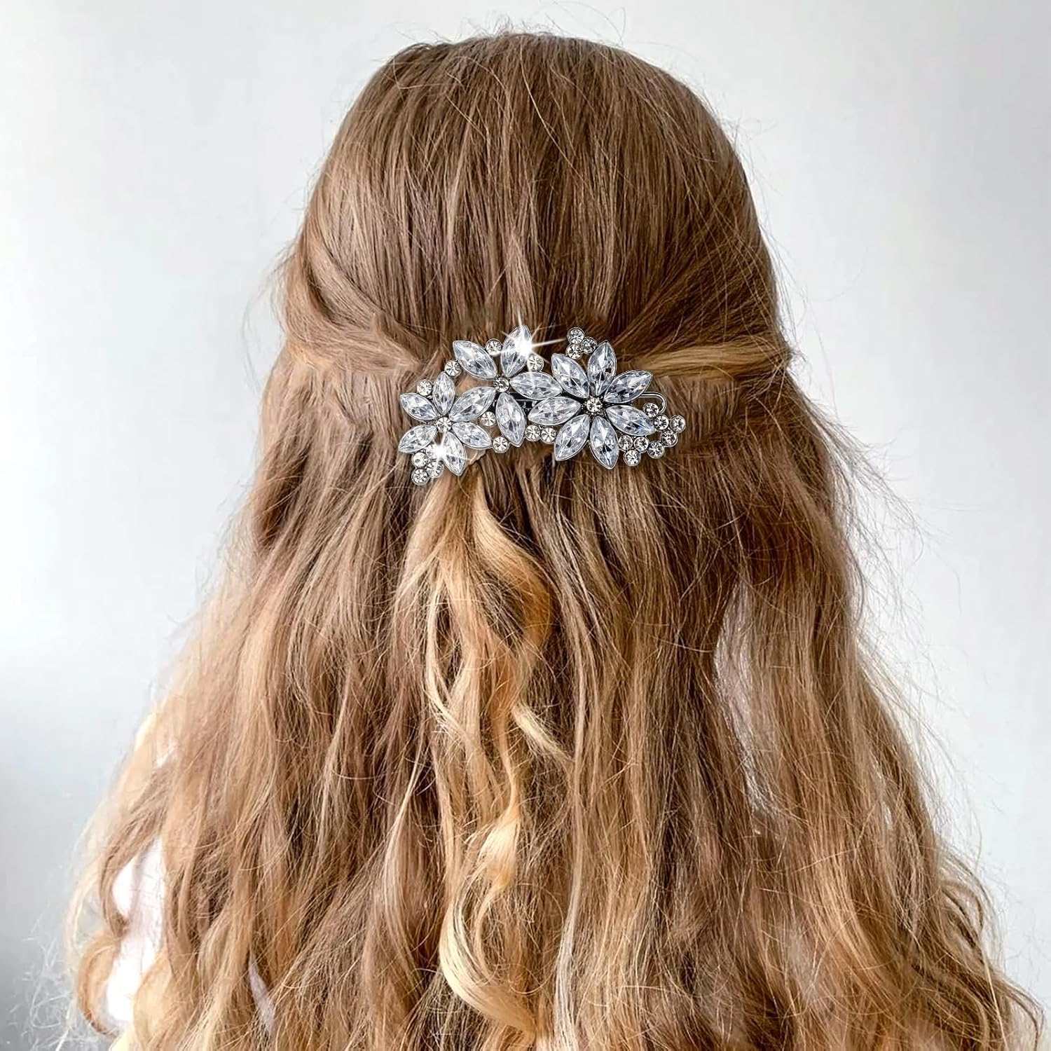 Lnngub Pack of 2 Rhinestone Hair Clips Silver Flower Shape Stainless Steel with Rhinestones Vintage Glitter Women'S Hair Clip for Wedding, Engagement, Dating, Gathering, Party, Dance, Daily Life image number 1