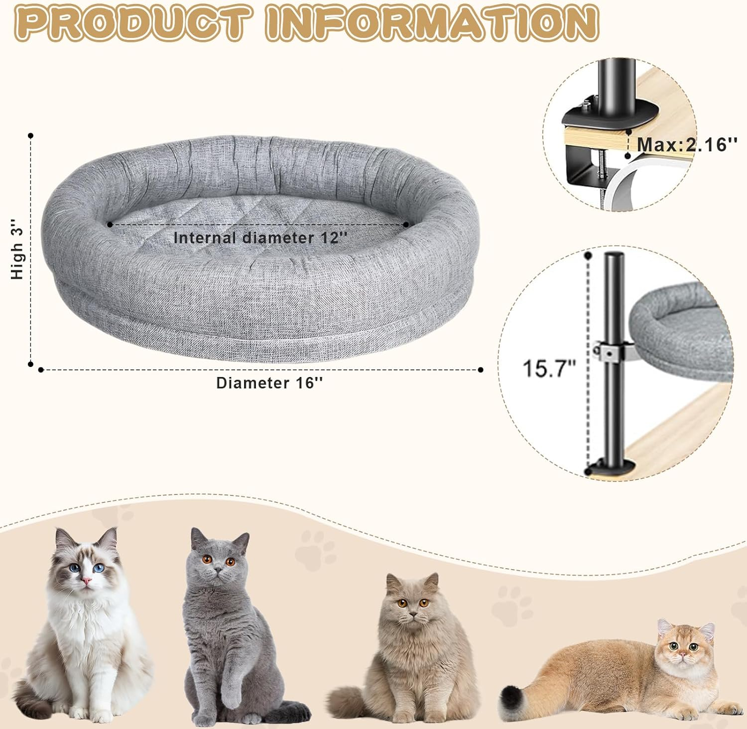 Xoxomeg Cat Bed for Desk, Desktop Pet Bed 360 Rotation & Adjustable Height, Soft & Comfortable Max Load 40 LBS for Home Office image number 2