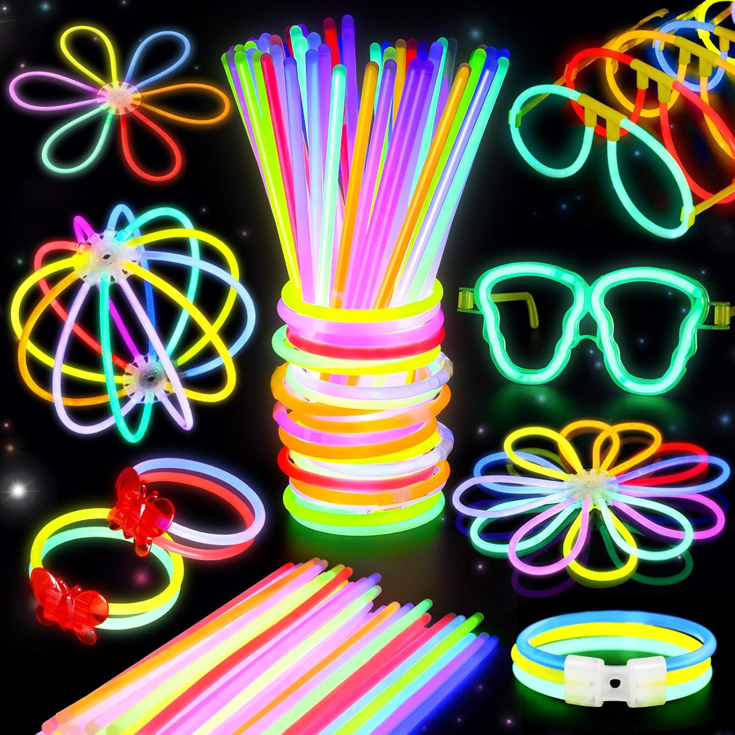 BUDI 467Pcs Cool Light up Toys Glow Party Favours for Kids/Adults: 200 Glowsticks Party Packs 7 Colours+ Connectors for Necklace, Flower Balls, Luminous Glasses and Triple/Butterfly Bracelets image number 5