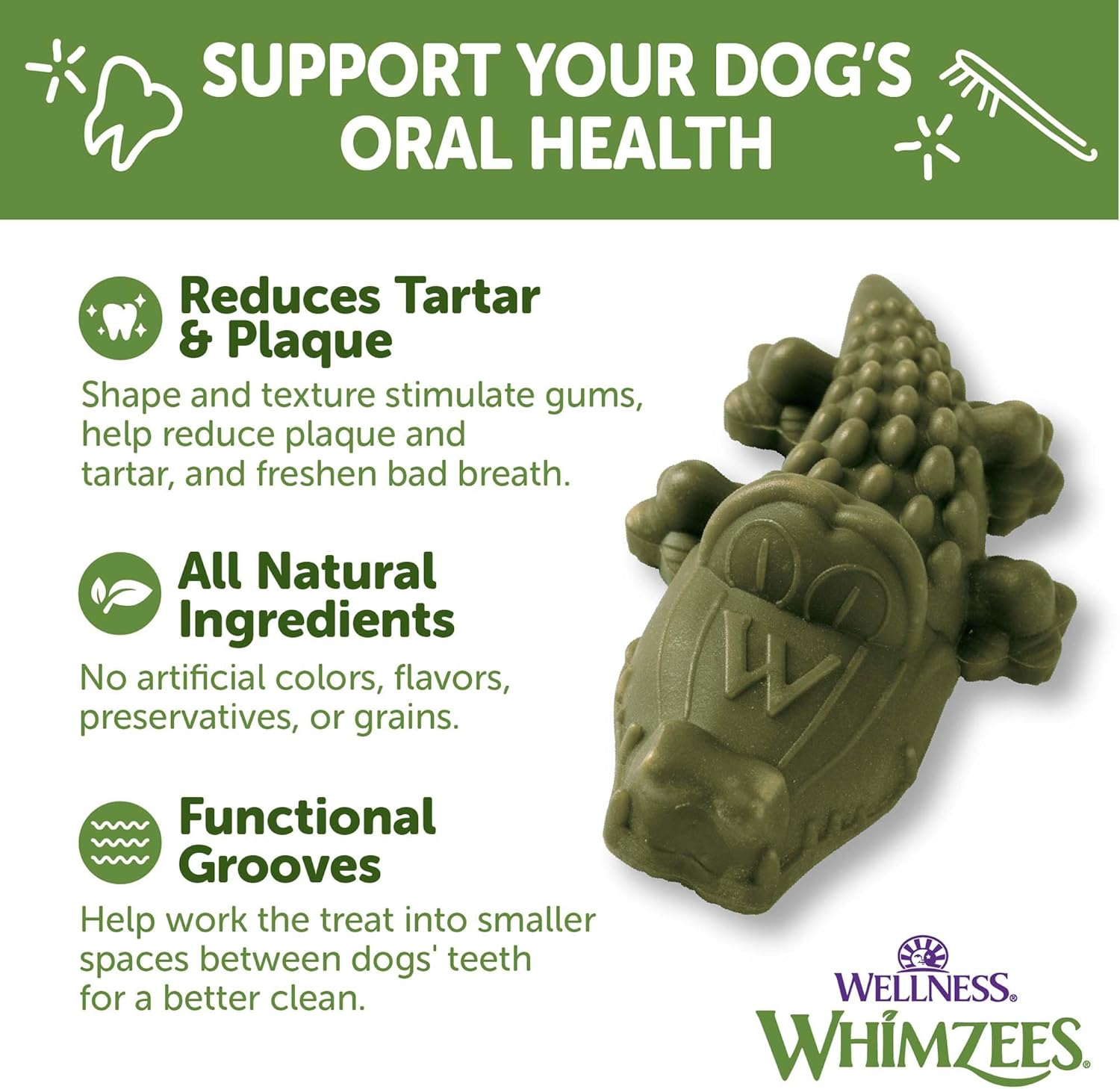 Whimzees Wellness Alligator Dog Dental Treats, Natural Chews, Medium Size, (12 Count) image number 5