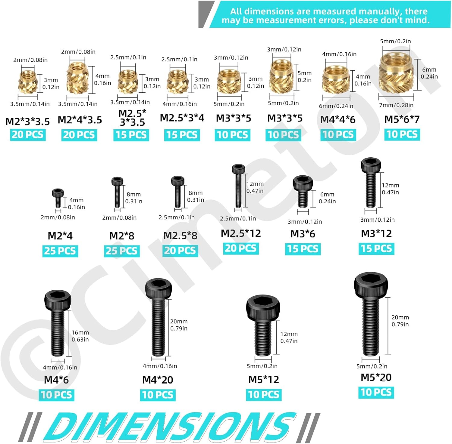 Cimeton 595PCS M2 M2.5 M3 M4 M5 Hex Socket Head Cap Bolts and Brass Knurled Nuts with Hex Wrench and Flat Washers Hex Nuts Assortment Kits Metric Machine Bolts Threaded Inserts for Mechanical Equipment
