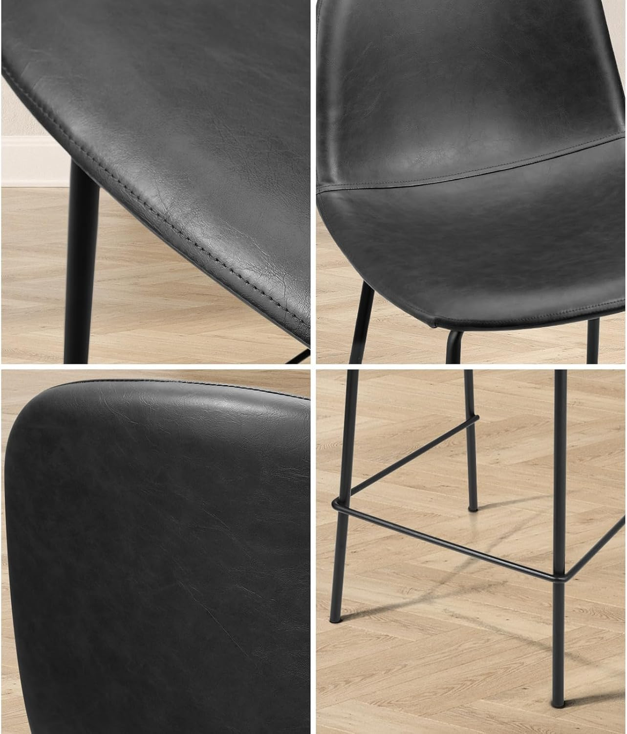 Oikiture 2PCS Bar Stools 62Cm Seat Height, Bar Stools Set of 2 with Premium Faux Leather Backrest Counter Kitchen Chairs Dining Chair, Black image number 6